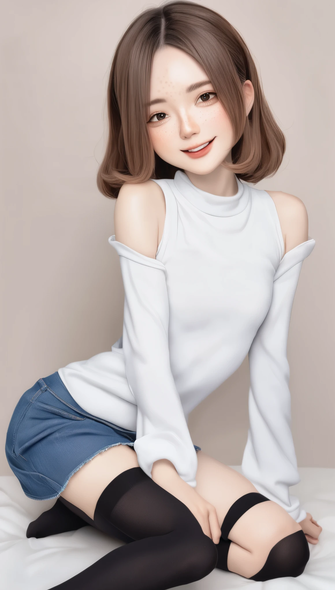 4K, masterpiece, 8k, high quality, 最high quality,10歳のcute少等生, Very white skin, Long brown hair，a bit，Low length，freckles，Thin eyebrows，Straight bangs，(Flat Chest) ，feminine, freckles, Tilt, elegant, elegant, cute, smile, cute, Hilarious, belly button, Denim Low Rise Mini Skirt, ((Black knee socks)), (Ugly clothes)、((Gray background))