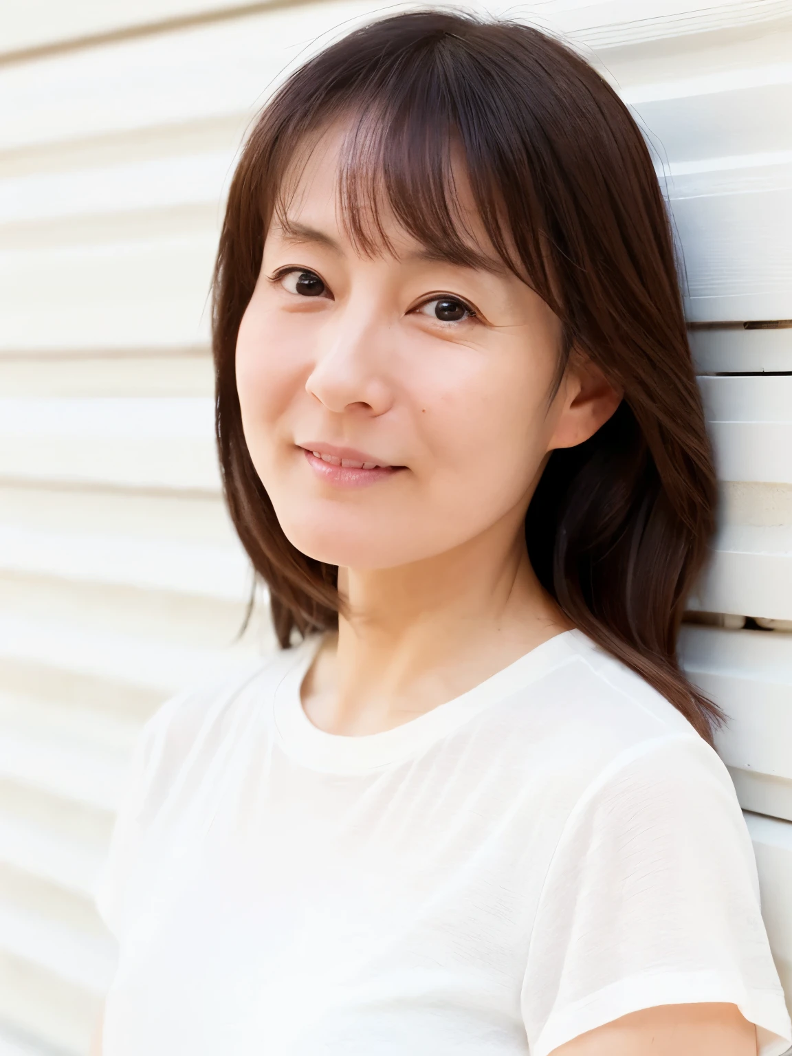 A thin Japanese woman in her 40s, Good wife, Cute Face, Detailed face, Fine grain, Neat, Short sleeve white shirt, early summer, Fine weather, sunny, Photographed in front of a white wall, Portraiture、Photographed in natural light