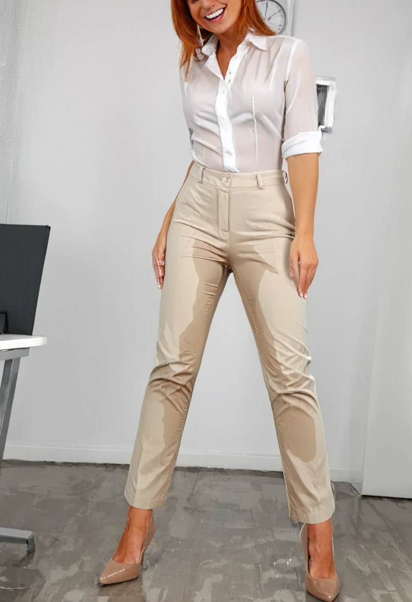 attractive redhead woman wearing tan straight leg dress pants, high heel pumps, white blouse, standing in an office,  wetting, big smile, pee stains are gleaming wet, pants really soaked with pee