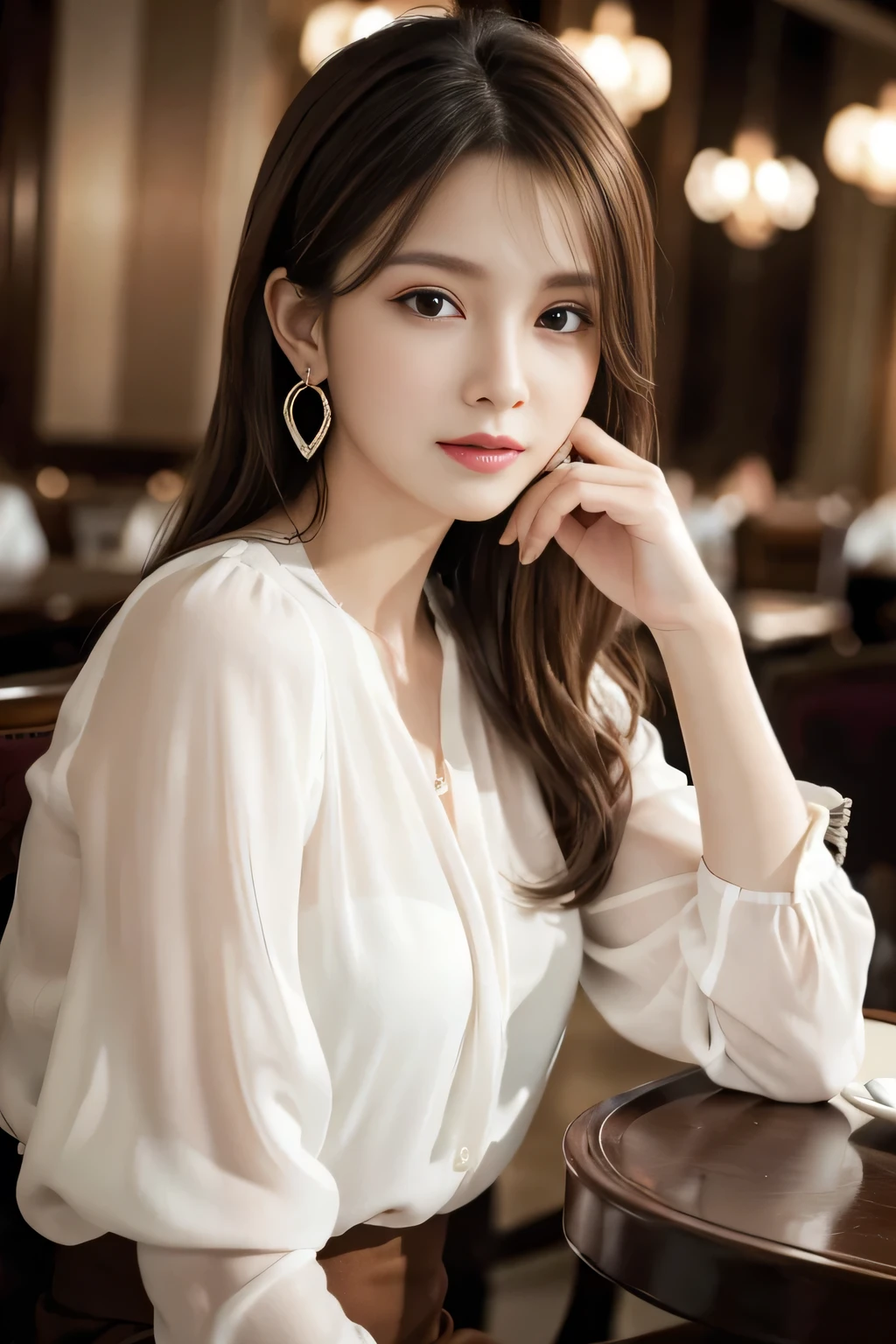 masterpiece, highest quality, Realistic, Very detailed, Finer details, High resolution, 8k wallpaper, One beautiful woman, Wear an elegant white see-through blouse, In a great restaurant, At night, Light brown messy hair, Perfect dynamic composition, Beautiful and beautiful eyes、Big earrings、Sitting in a chair、