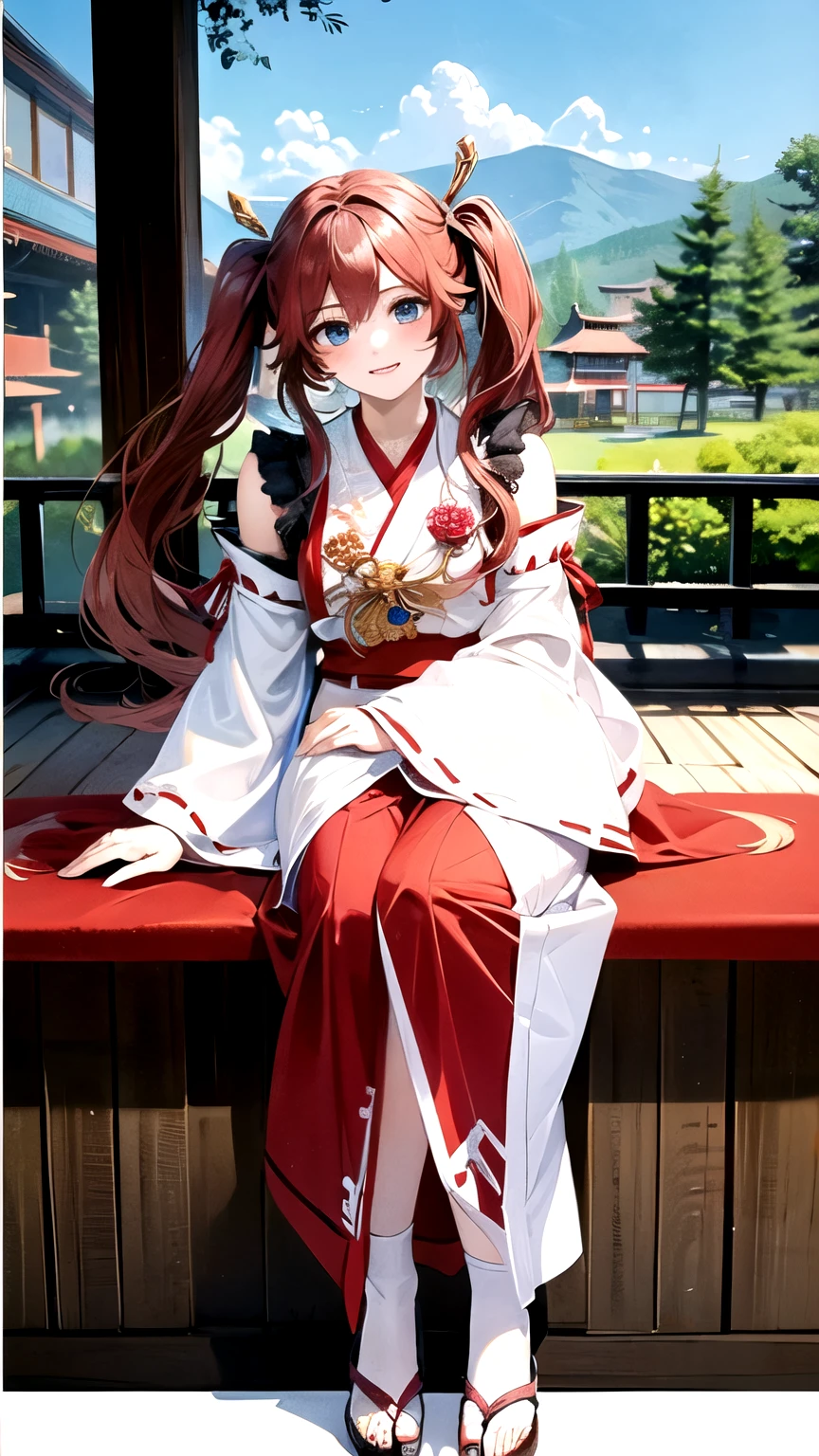 full body,(whole body),((highest quality)), ((masterpiece)), (detailed), Perfect Face. Asian Girl. Red Hair. blue eyes. shrine. miko,(high twintails)