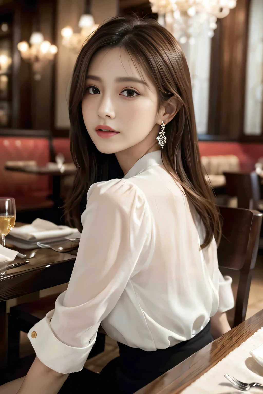 masterpiece, highest quality, Realistic, Very detailed, Finer details, High resolution, 8k wallpaper, One beautiful woman, Wear an elegant white see-through blouse, In a great restaurant, At night, Light brown messy hair, Perfect dynamic composition, Beautiful and beautiful eyes、Big earrings、Sitting in a chair、