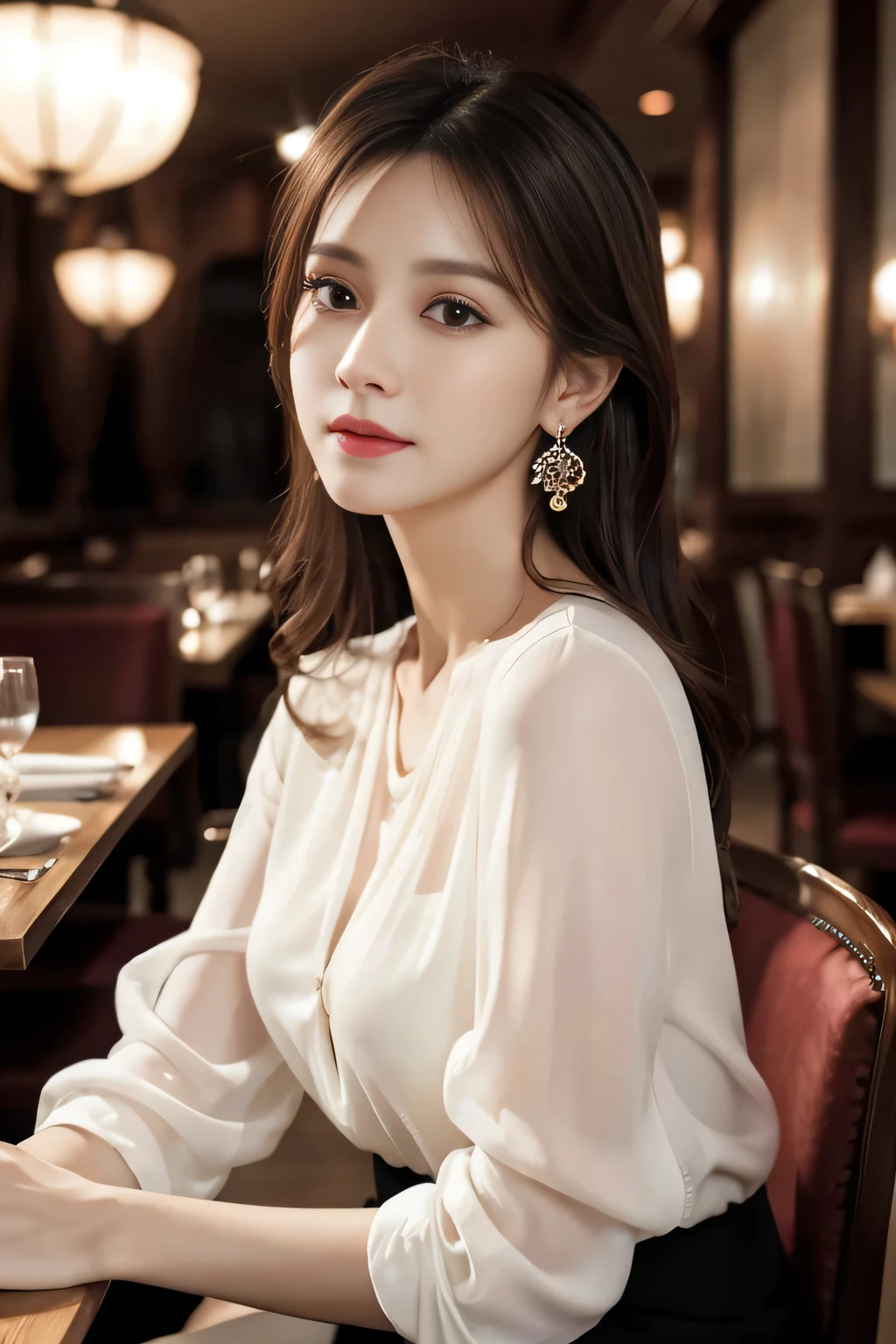 masterpiece, highest quality, Realistic, Very detailed, Finer details, High resolution, 8k wallpaper, One beautiful woman, Wear an elegant white see-through blouse, In a great restaurant, At night, Light brown messy hair, Perfect dynamic composition, Beautiful and beautiful eyes、Big earrings、Sitting in a chair、
