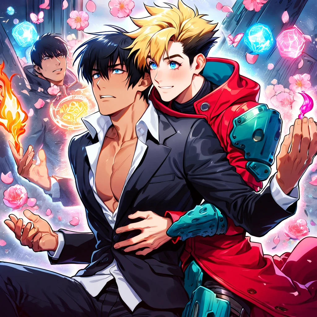 absurdres, highres, ultra detailed, HDR, master piece, best quality, Nicholas D Wolfwood, black hair, expressive dark blue eyes, Trigun, Vash Stampede, blonde hair, expressive blue eyes, two sexy men together, gay couple, yaoi, handsome, toned chest, black jacket, red coat, magic, fantasy, shining, radiant, pink flowers, pink blossoms, pink butterflies, pink petals