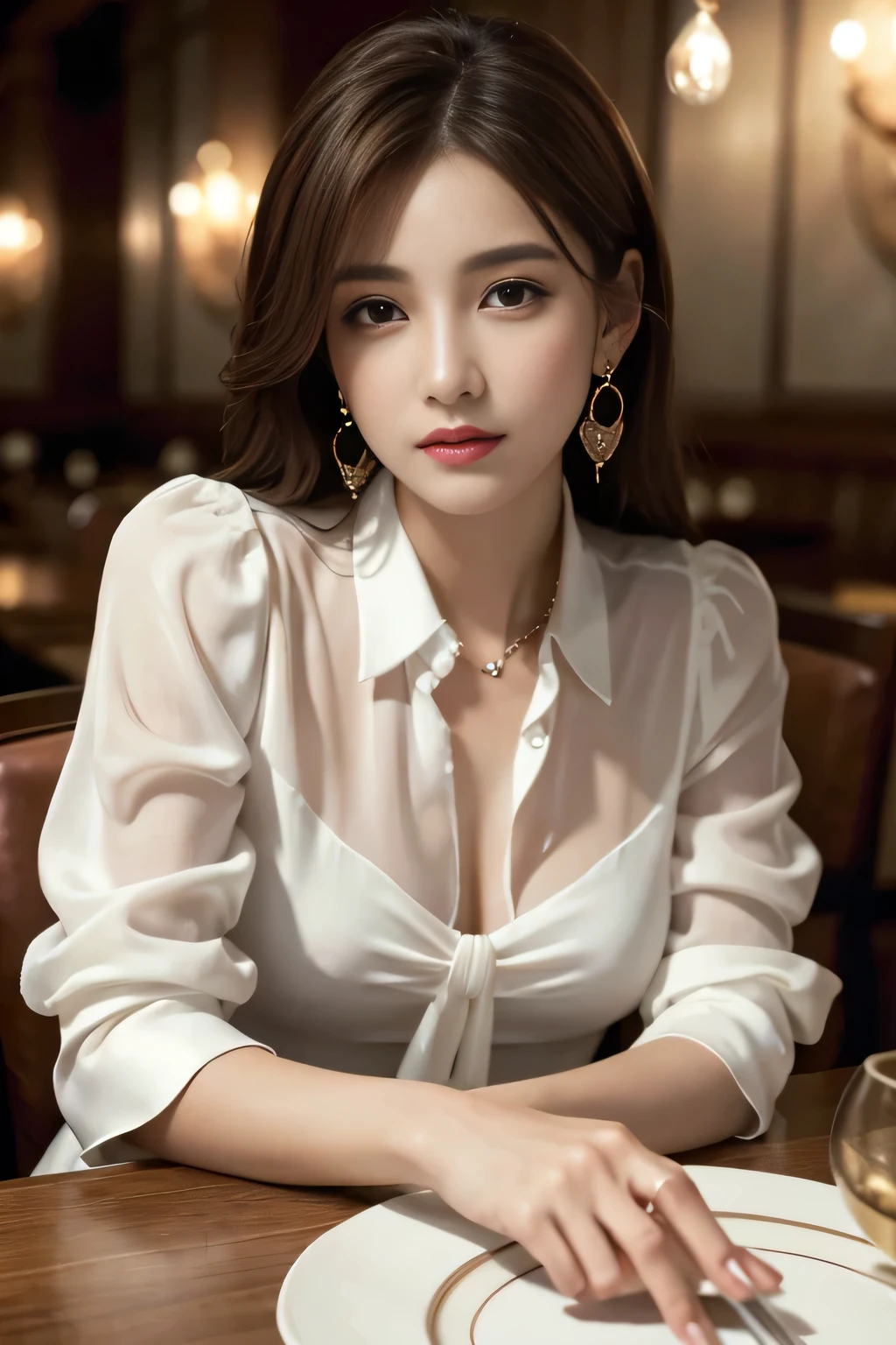 masterpiece, highest quality, Realistic, Very detailed, Finer details, High resolution, 8k wallpaper, One beautiful woman, Wear an elegant white see-through blouse, In a great restaurant, At night, Light brown messy hair, Perfect dynamic composition, Beautiful and beautiful eyes、Big earrings、Sitting in a chair、