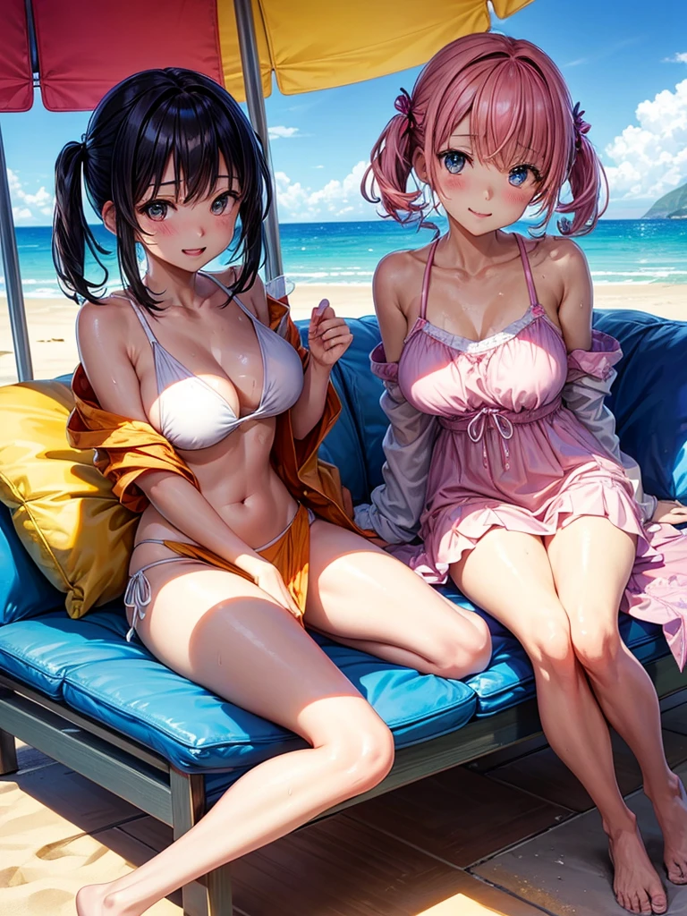 (highest quality)), ((masterpiece)), (Familiar), Perfect Face,Shiny skin,Beautiful breasts,Kyoto Animation style drawing,Shiny skin、Swimwear、hoodie、Sunburned skin、Sweat、Off the shoulder、Double teeth 、Short Hair、Twin tails、Pink Hair、Young、Big Breasts、Embrace、Beach、Sandy Beach、Sunshine、summer、dark skin、close、near、Parasol、Recliner、Drinking juice with ice