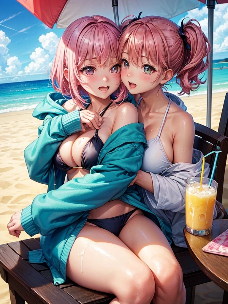 (highest quality)), ((masterpiece)), (Familiar), Perfect Face,Shiny skin,Beautiful breasts,Kyoto Animation style drawing,Shiny skin、Swimwear、hoodie、Sunburned skin、Sweat、Off the shoulder、Double teeth 、Short Hair、Twin tails、Pink Hair、Young、Big Breasts、Embrace、Beach、Sandy Beach、Sunshine、summer、dark skin、close、near、Parasol、Recliner、Drinking juice with ice