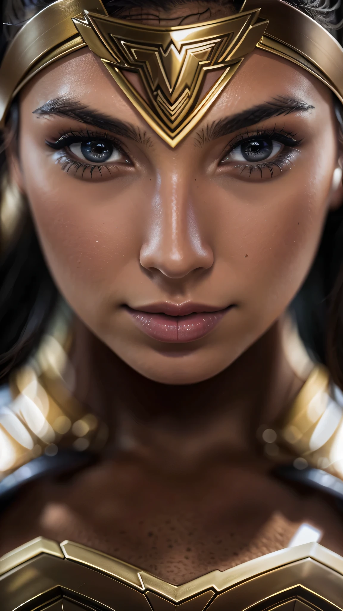 photorealistic Realism 8K, 16K, Quality: (Hyper absurd quality, extremely detailed detail, hyper resolution, clear sharp focus, not blurry, Realistic brown_eyes), ((perfect dark_eyeshadows:1.45)), (super Detailed, beautiful little nose:1.2), (perfect composition), (Wonder Woman Cosplay), incredibly similar to the original outfit from the WW movie, dynamic stance, face focused on the target in the distance, ready to fight, (Neon Wonder Woman Lasso Of Truth Cosplay Prop), (upper body shot), (close up of her face), beautiful cheekbones, double eyelids, dslr, best high quality soft lighting, sharp focus captured by Fujifilm XT3, f 5.6, in a dramatic lighting, ((perfect composition)), ((pale skin)), ((dry skin)), 