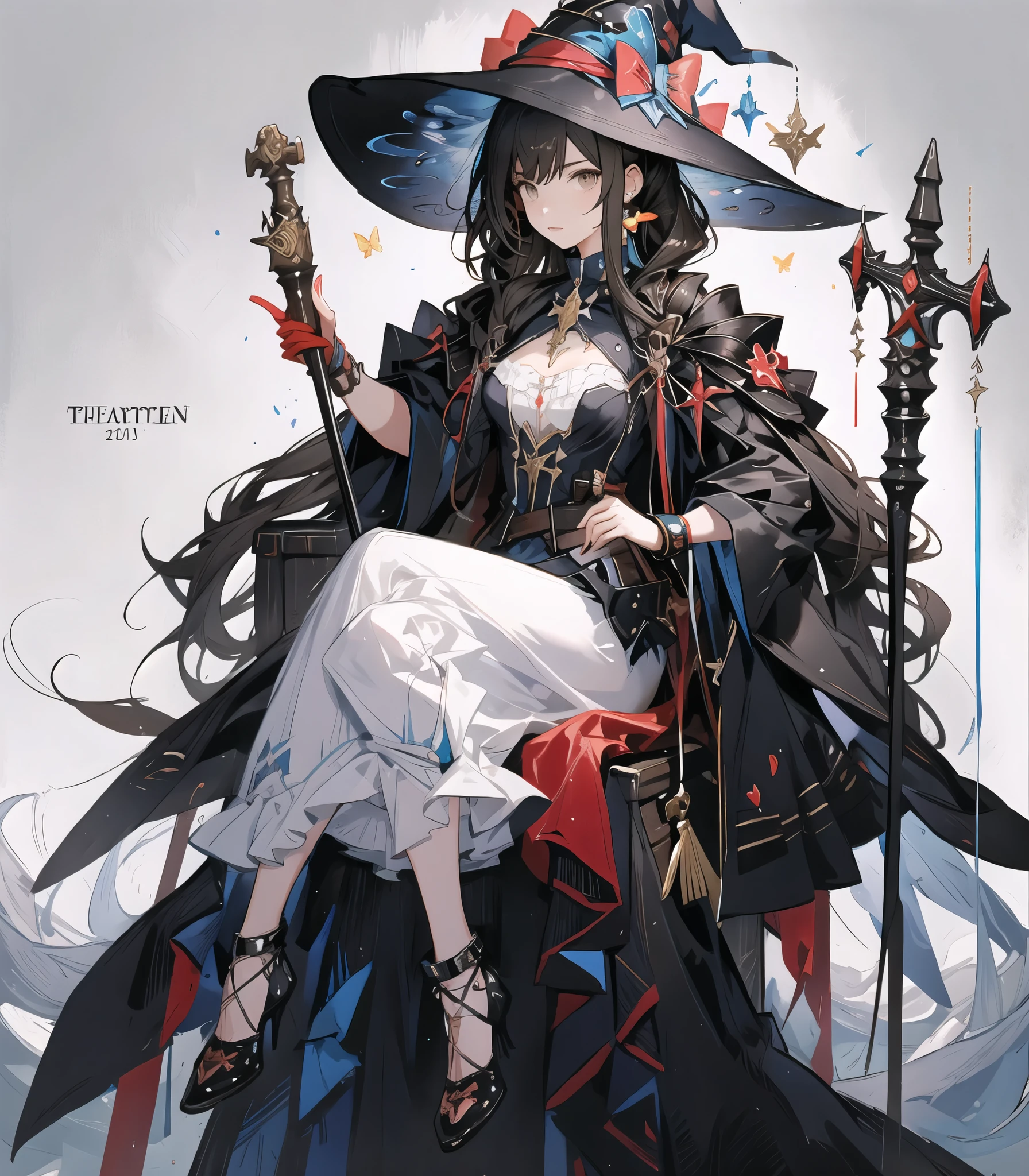 colorful butterfly,girl,full body,witch hat,(detailed face:1.2), Tarot border,The portrait is centered,(no weapon),, medium hair, black hair, twintails, blunt bangs, brown eyes,