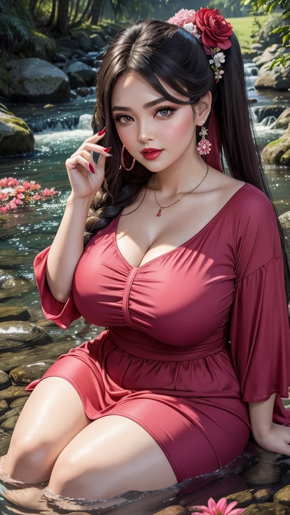 {Ultra HD, 4K, HDR, 8K, close up}, ((Rich married woman in the nature stream, heavenly goddess, BBW, voluptuous, SSBBW, thick, age 35, light smirk, wearing loose pink dress, looking like Mom)), (((long straight ponytail hairs with red flower equipped, red lips, clear big eyes, raised eyebrows, pink cheeks, heavy makeup, red clothes, red nails)))