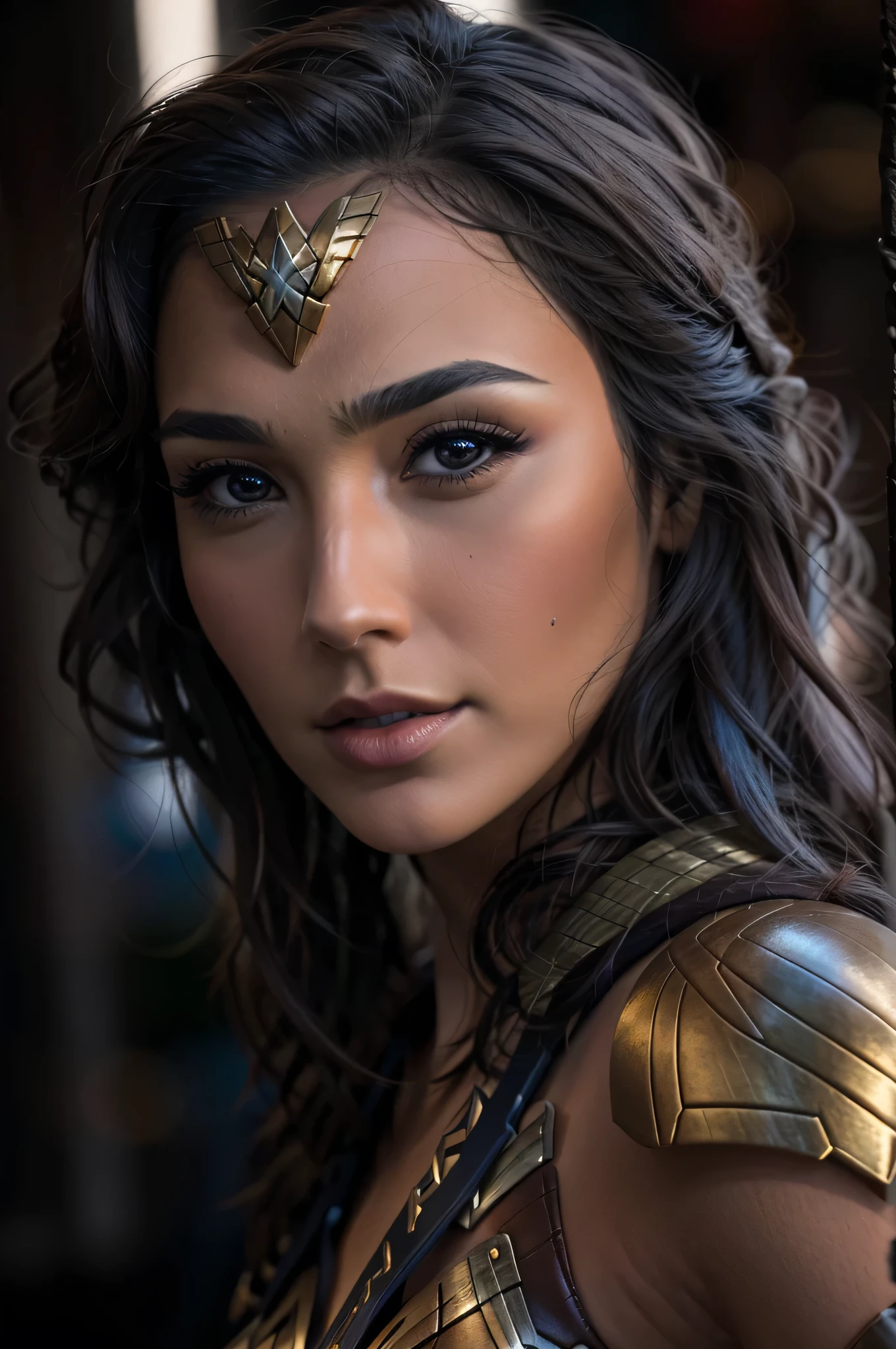 photorealistic Realism 8K, 16K, Quality: (Hyper absurd quality, extremely detailed detail, hyper resolution, clear sharp focus, not blurry, Realistic brown_eyes), ((perfect dark_eyeshadows:1.45)), (super Detailed, beautiful little nose:1.2), (perfect composition), (Wonder Woman Cosplay), incredibly similar to the original outfit from the WW movie, dynamic stance, face focused on the target in the distance, ready to fight, (Neon Wonder Woman Lasso Of Truth Cosplay Prop), (upper body shot), (close up of her face), beautiful cheekbones, double eyelids, dslr, best high quality soft lighting, sharp focus captured by Fujifilm XT3, f 5.6, in a dramatic lighting, ((perfect composition)), ((pale skin)), ((dry skin)), 