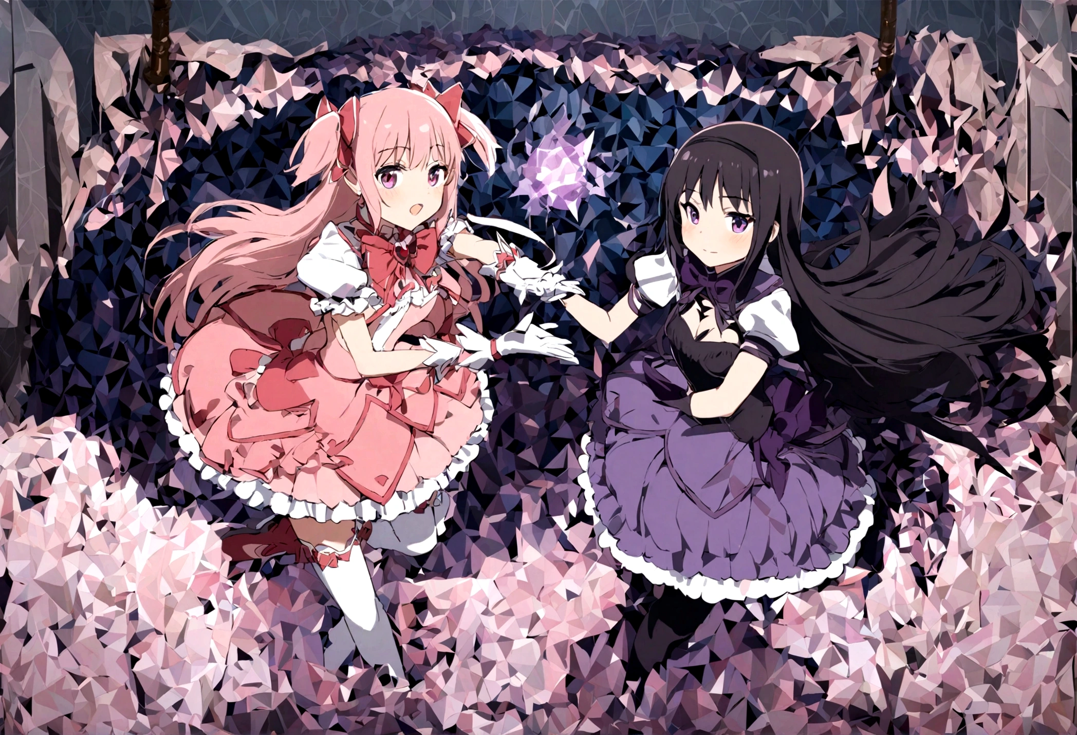 (2female:1.6),akemi_homura\,dark purple long hair,white long shirt,purple sailor collar,black headband,black pantyhose,purple ribbon tie,purple jewel at back of hand,purple ribbon at chest,purple short skirt with frill,black long boots with purple rhombus line pattern\) and kaname_madoka\((magical_girl costume:1.4),pink short twin tails,bows,open cleavage dress with frill,backward ribbon at neck,white grove,red jewel at middle of clavicle,white frilled high socks,red shoes\) reaching their hands, BREAK ,colorful and geometric and chaotic background of messy chaotic gothic shadow puppet castles,(in a very psychedelic nightmare),big clock motif at the center of background, BREAK ,quality\(8k,wallpaper of extremely detailed CG unit, ​masterpiece,hight resolution,top-quality,top-quality real texture skin,hyper realisitic,increase the resolution,RAW photos,best qualtiy,highly detailed,the wallpaper,cinematic lighting,ray trace,golden ratio\)(long shot),wide shot,landscape,blured background,(art by Maurits Escher:1.3)