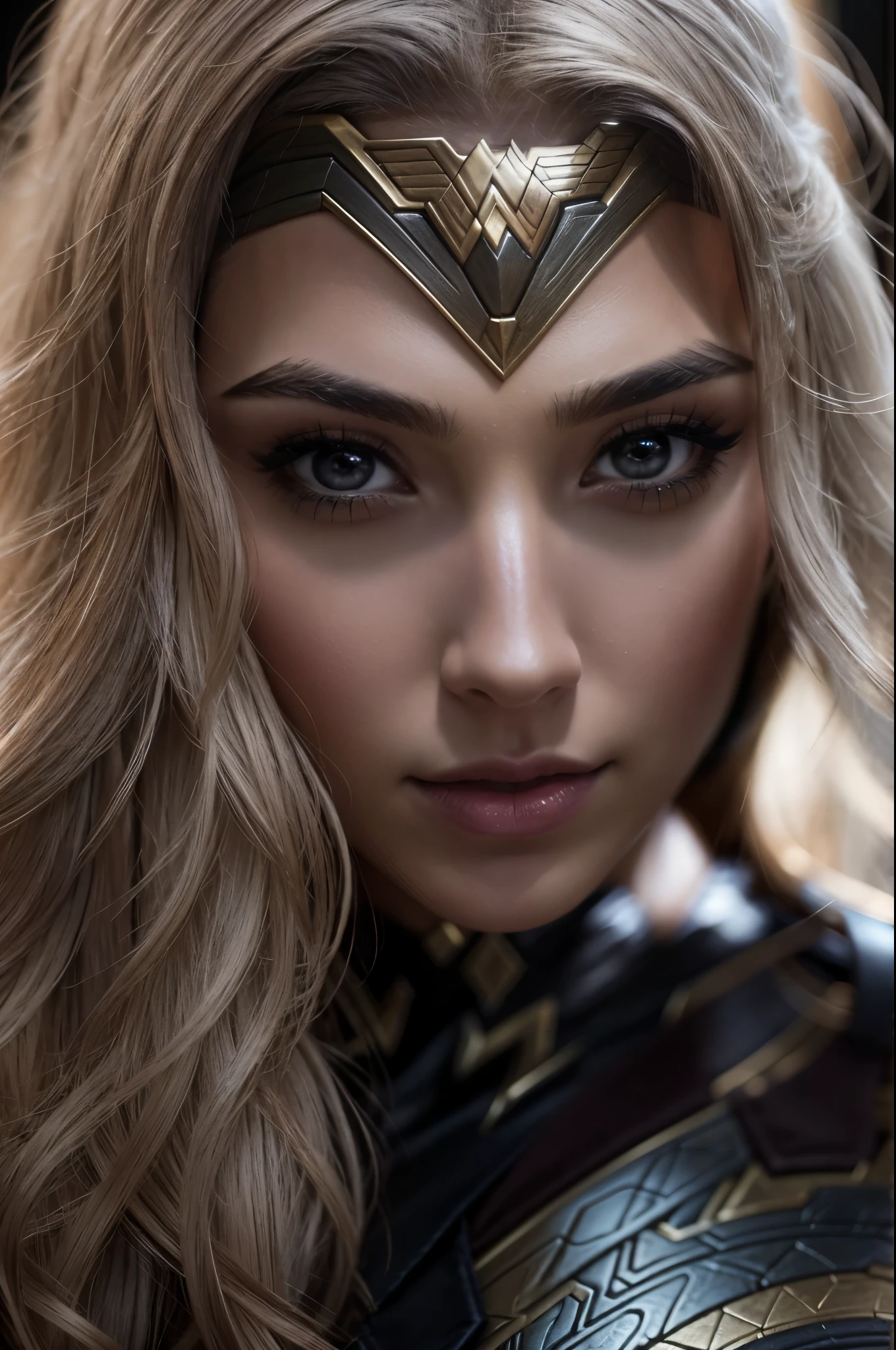 photorealistic Realism 8K, 16K, Quality: (Hyper absurd quality, extremely detailed detail, hyper resolution, clear sharp focus, not blurry, Realistic brown_eyes), ((perfect dark_eyeshadows:1.45)), (super Detailed, beautiful little nose:1.2), (perfect composition), (Wonder Woman Cosplay), incredibly similar to the original outfit from the WW movie, dynamic stance, face focused on the target in the distance, ready to fight, (Neon Wonder Woman Lasso Of Truth Cosplay Prop), (upper body shot), (close up of her face), beautiful cheekbones, double eyelids, dslr, best high quality soft lighting, sharp focus captured by Fujifilm XT3, f 5.6, in a dramatic lighting, ((perfect composition)), ((pale skin)), ((dry skin)),