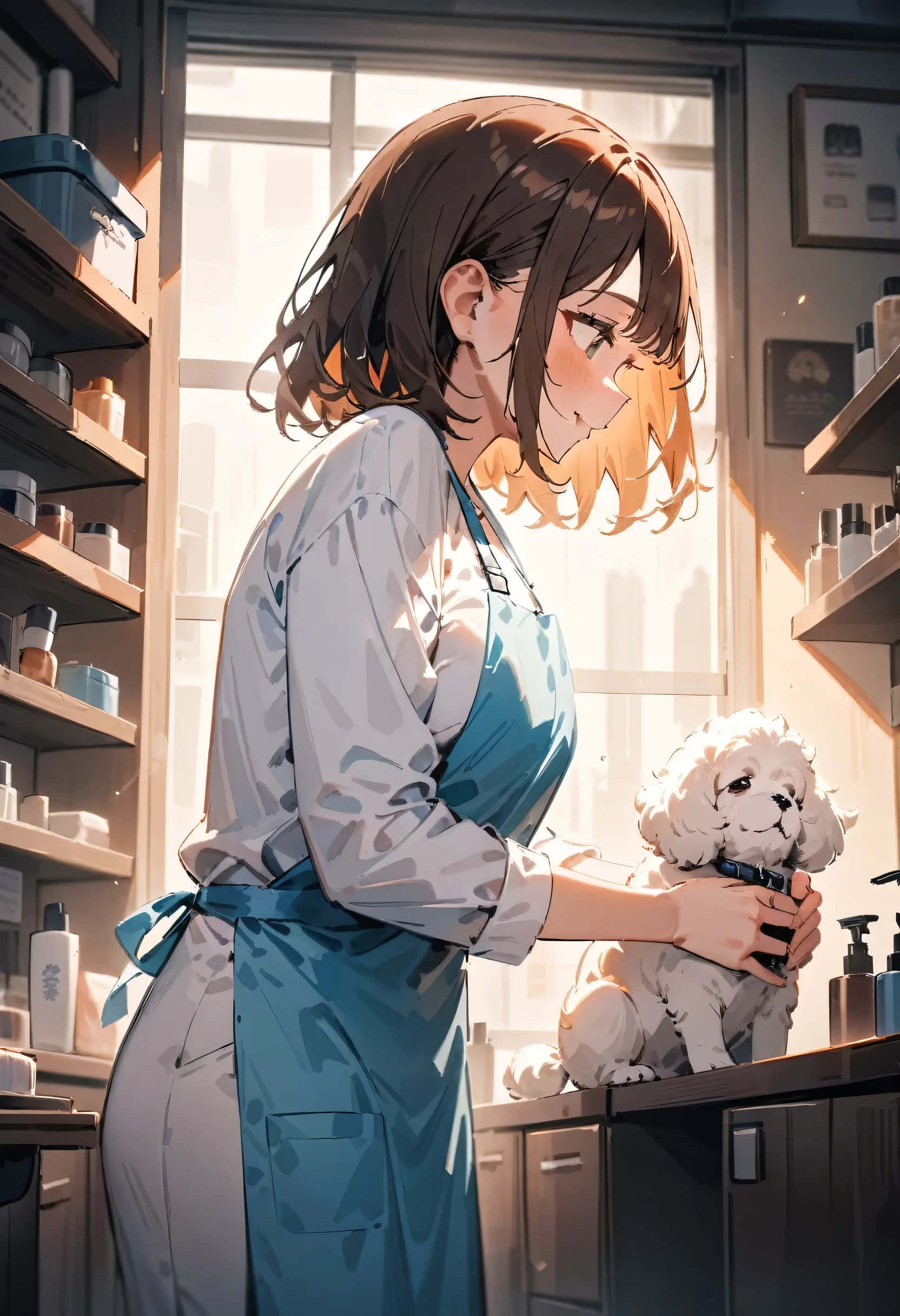 masterpiece, best quality, very aesthetic, absurdres, newest, 1girl, solo, young, tareme, long brown hair, white shirt, light blue apron, gentle smile, focused, trimming a small dog, fluffy white poodle, cozy grooming salon, well-lit, shelves with grooming tools, large window, natural light, calm, professional, warm atmosphere, side view, full view