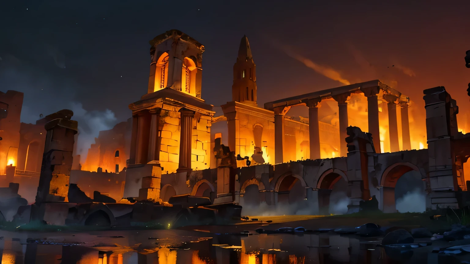 a detailed ancient Roman city from the 1st century AD at night, smoldering ruins, burned, great flames, flickering flames, dramatic lighting, cinematic atmosphere, highly detailed architecture, crumbling columns, cobblestone streets, smoke billowing, glowing embers, sense of history and decay, rich tones of orange and red, moody and atmospheric, photorealistic