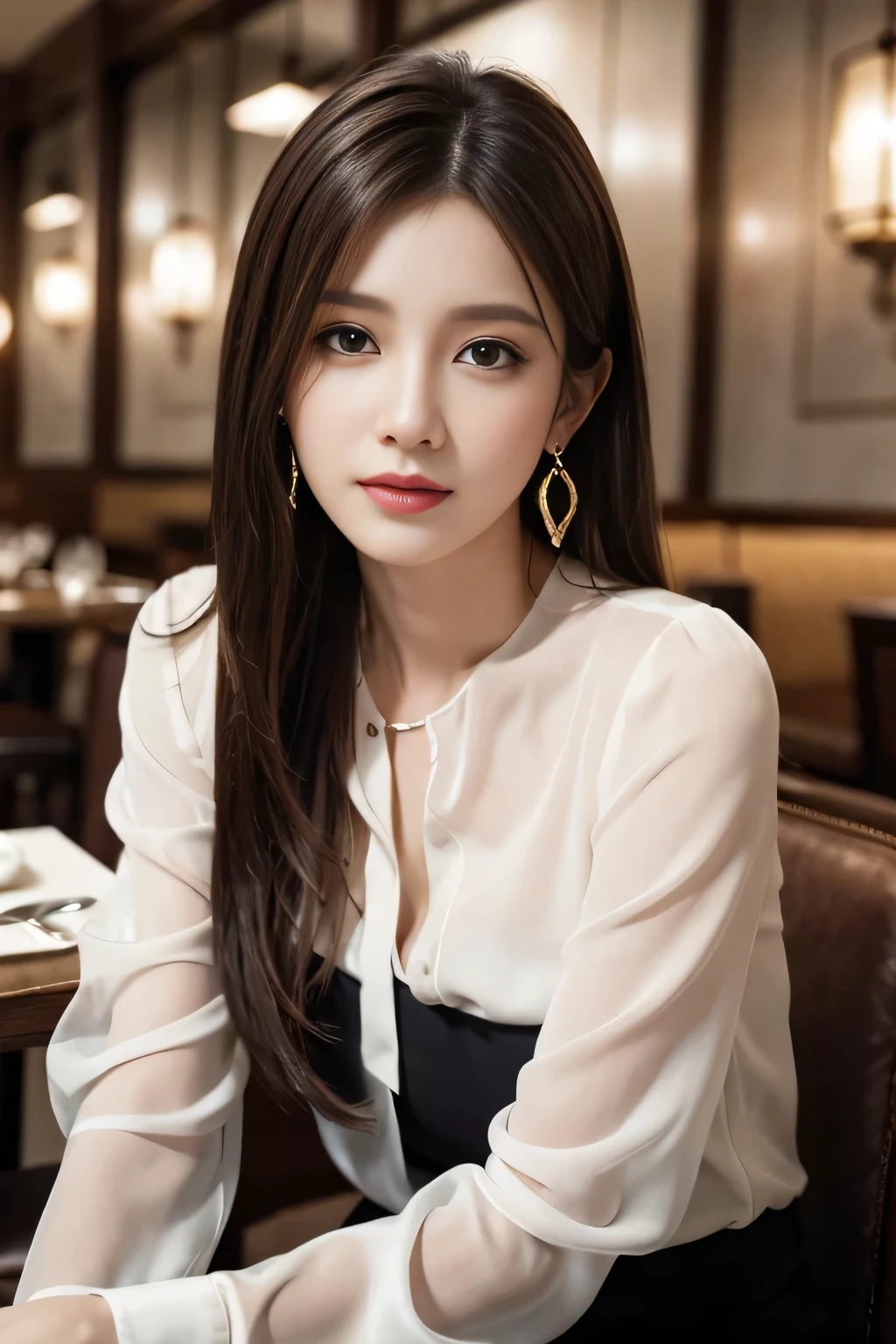 masterpiece, highest quality, Realistic, Very detailed, Finer details, High resolution, 8k wallpaper, One beautiful woman, Wear an elegant white see-through blouse, In a great restaurant, At night, Light brown messy hair, Perfect dynamic composition, Beautiful and beautiful eyes、Big earrings、Sitting in a chair、