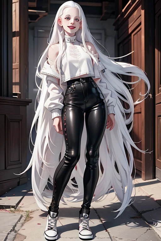 (full body),(black clothing), Cute 18 yo (albino:1.4)woman of Slavic descent.(short:1.1), , long white hair, gray eyes, ((very pale:1.4)). Innocent look. Gentle spirit.(virgin), (joy:1.2),(smile:1.3). (Playful:1.2). Mascara, eyeglasses, red lipstick, Leather jacket, sheer lace top, Tight leather pants, pink Chuck Taylor All Stars.