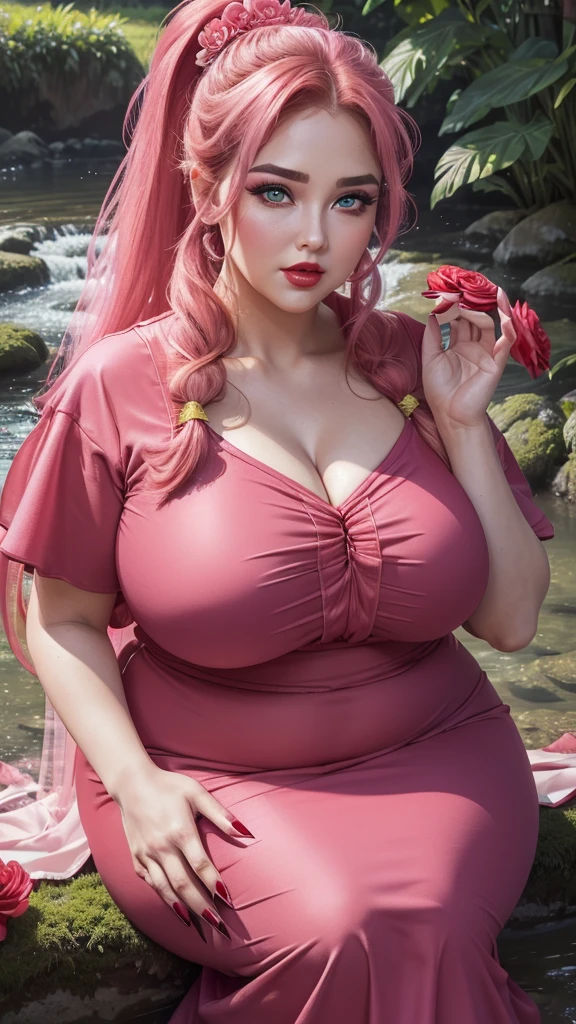 {Ultra HD, 4K, HDR, 8K, close up}, ((Rich married woman sitting in the nature stream, heavenly goddess, BBW, voluptuous, SSBBW, thick, age 35, light smirk, wearing loose pink dress, looking like Mom)), (((long straight ponytail hairs with red flower equipped, red lips, clear big eyes, raised eyebrows, pink cheeks, heavy makeup, red clothes, red nails)))