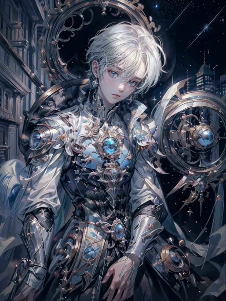 ((4K works))、​masterpiece、(top-quality)、One beautiful boy、Slim body、tall、((Black Y-shirt and white pants、Charming British knight style))、Please wear one jacket、(Detailed beautiful eyes)、Fantastic Night City、((City under the stars))、Fantastic city at midnight、((Face similar to Carly Rae Jepsen))、((Short-haired white hair))、((Smaller face))、((Neutral face))、((Bright blue eyes))、((American adult male))、((Adult male 26 years old))、((Cool Men))、((Like a celebrity))、((Crying expression))、((sad look))、((Korean Makeup))、((elongated and sharp eyes))、((Happy dating))、((boyish))、((Upper body photography))、Professional Photos、((Shot alone))、((She is looking up at the sky under the roof))、((Shot from the side))、((Crying profile))、((Face crying in pain))、((He is looking upwards))、((His eyes are looking down))、((He stands next to the viewer))、((He who cries))、I'm crying on a stick.、Man crying while standing、Solitude、saddened、desolate、suffocating、heartbreaking、auw