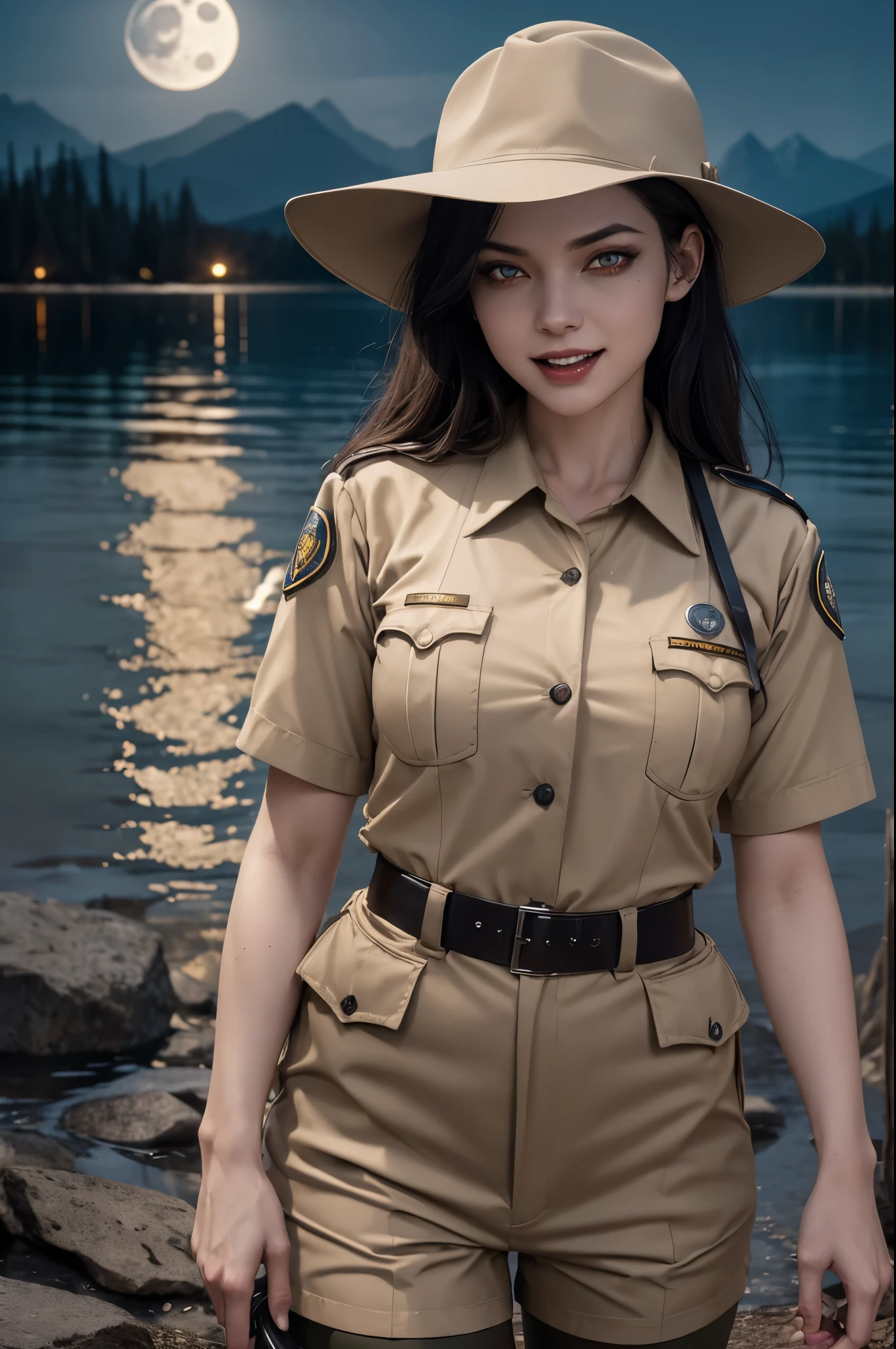 (((night, moonlight))) ((a deserted lake)) Vampire woman, (((red eyes and fangs))), pale skin, (((park ranger uniform, beige National Park uniform, short sleeves)))), sexy, (open mouth, blood on mouth), (evil grin), looking at viewer, ((full figure)), (standing in lake), sopping wet, style of a painted book illustration, dramatic lighting, ((depth of field)), ((masterpiece)), ((best quality)), ((highly detailed)), horror theme ((no mountains))