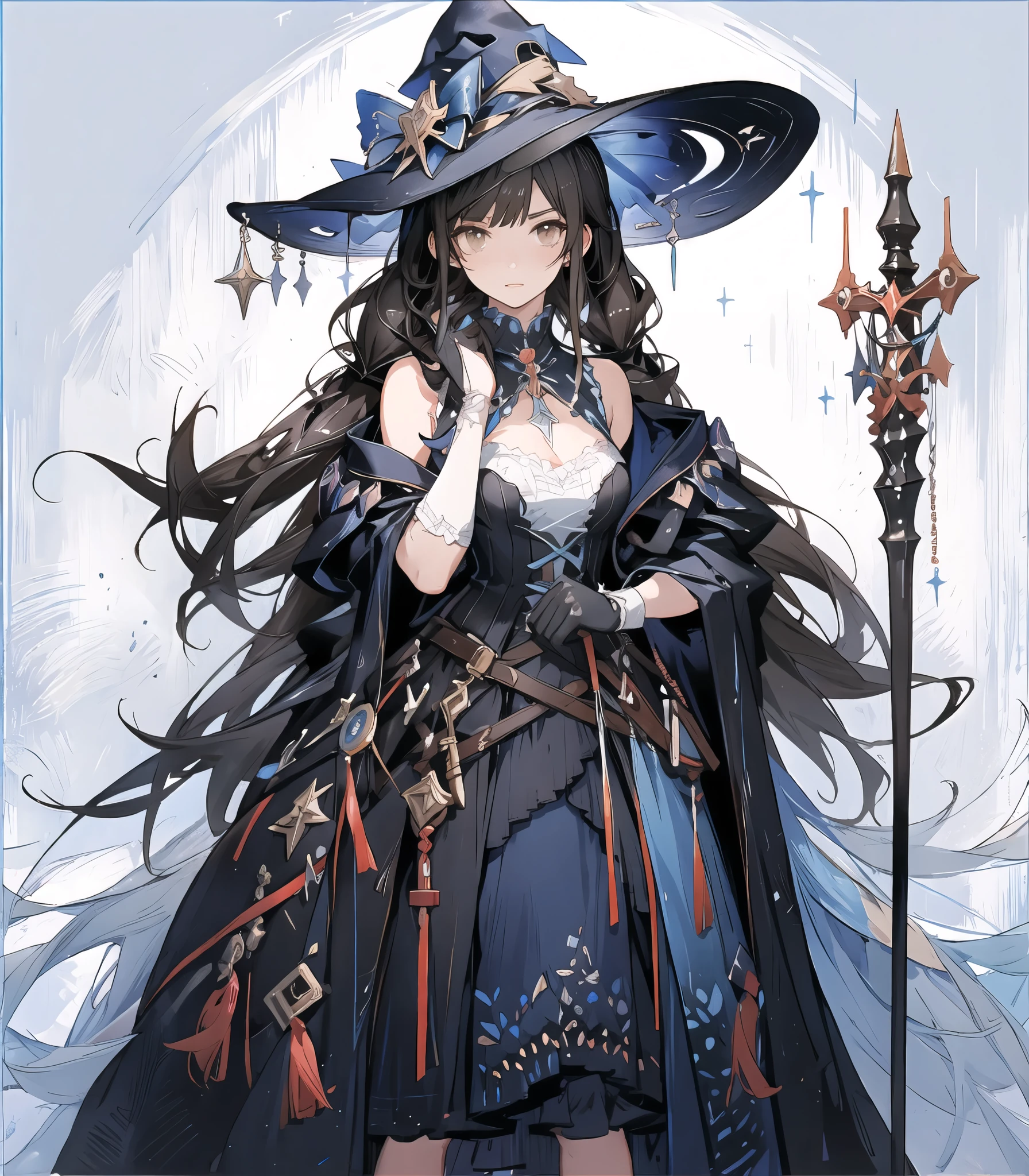 colorful butterfly,girl,full body,witch hat,(detailed face:1.2), Tarot border,The portrait is centered,(no weapon),, medium hair, black hair, twintails, blunt bangs, brown eyes,