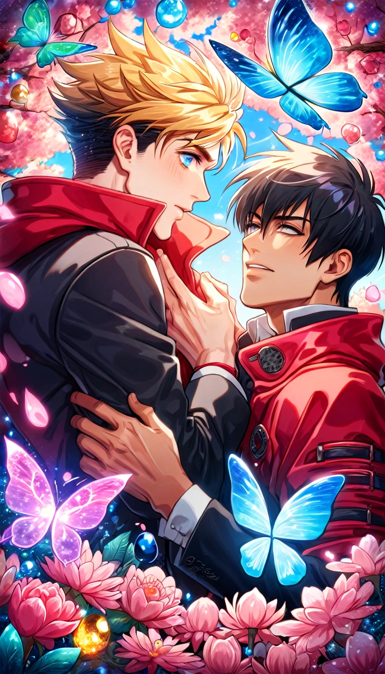 absurdres, highres, ultra detailed, HDR, master piece, best quality, Nicholas D Wolfwood, black hair, expressive dark blue eyes, Trigun, Vash Stampede, blonde hair, expressive blue eyes, two sexy men together, gay couple, yaoi, handsome, black jacket, red coat, magic, fantasy, shining, radiant, pink flowers, pink blossoms, pink butterflies, pink petals