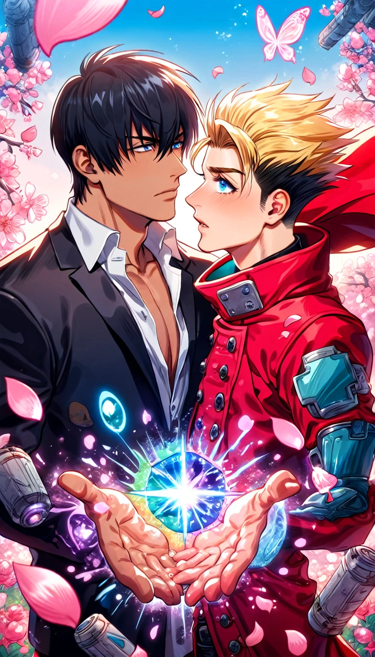 absurdres, highres, ultra detailed, HDR, master piece, best quality, Nicholas D Wolfwood, black hair, expressive dark blue eyes, Trigun, Vash Stampede, blonde hair, expressive blue eyes, two sexy men together, gay couple, yaoi, handsome, black jacket, red coat, magic, fantasy, shining, radiant, pink flowers, pink blossoms, pink butterflies, pink petals