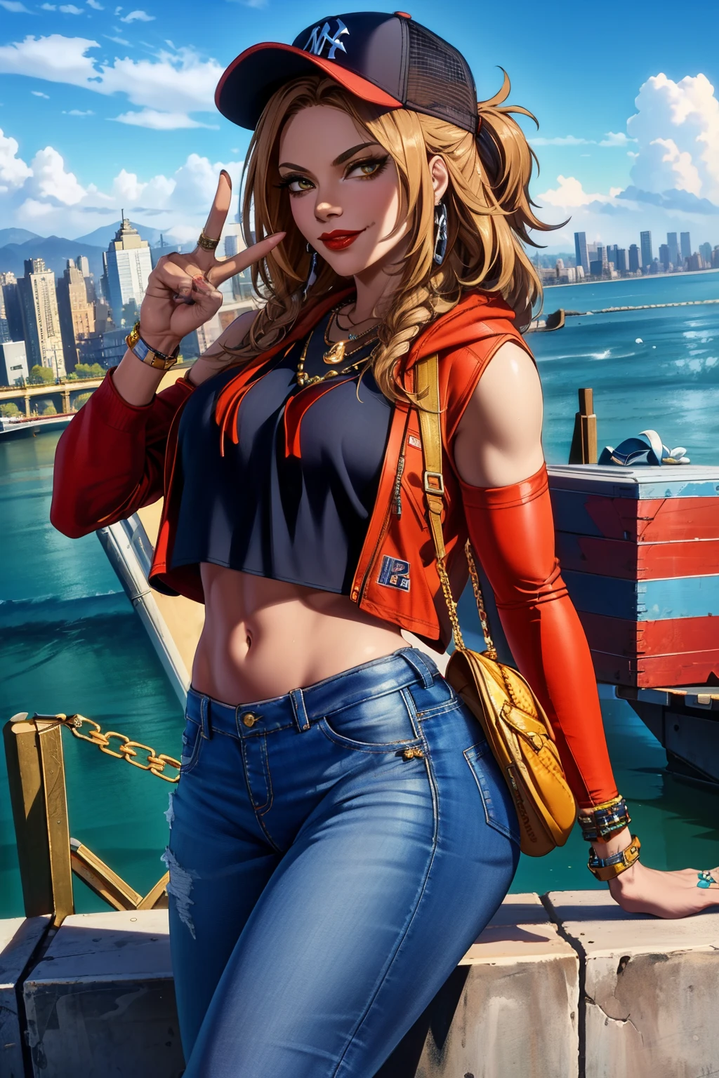 beautiful, (masterpiece:1.2), (best quality:1.2), Freya, looking at viewer, Jordan sneakers, skinny jeans, croptop, Supreme hoodie, New york yankees baseball cap, Golden chain necklace, red lipstick, Black eyeliner, Posing for a picture, California background, Smirking confidently, peace sign,