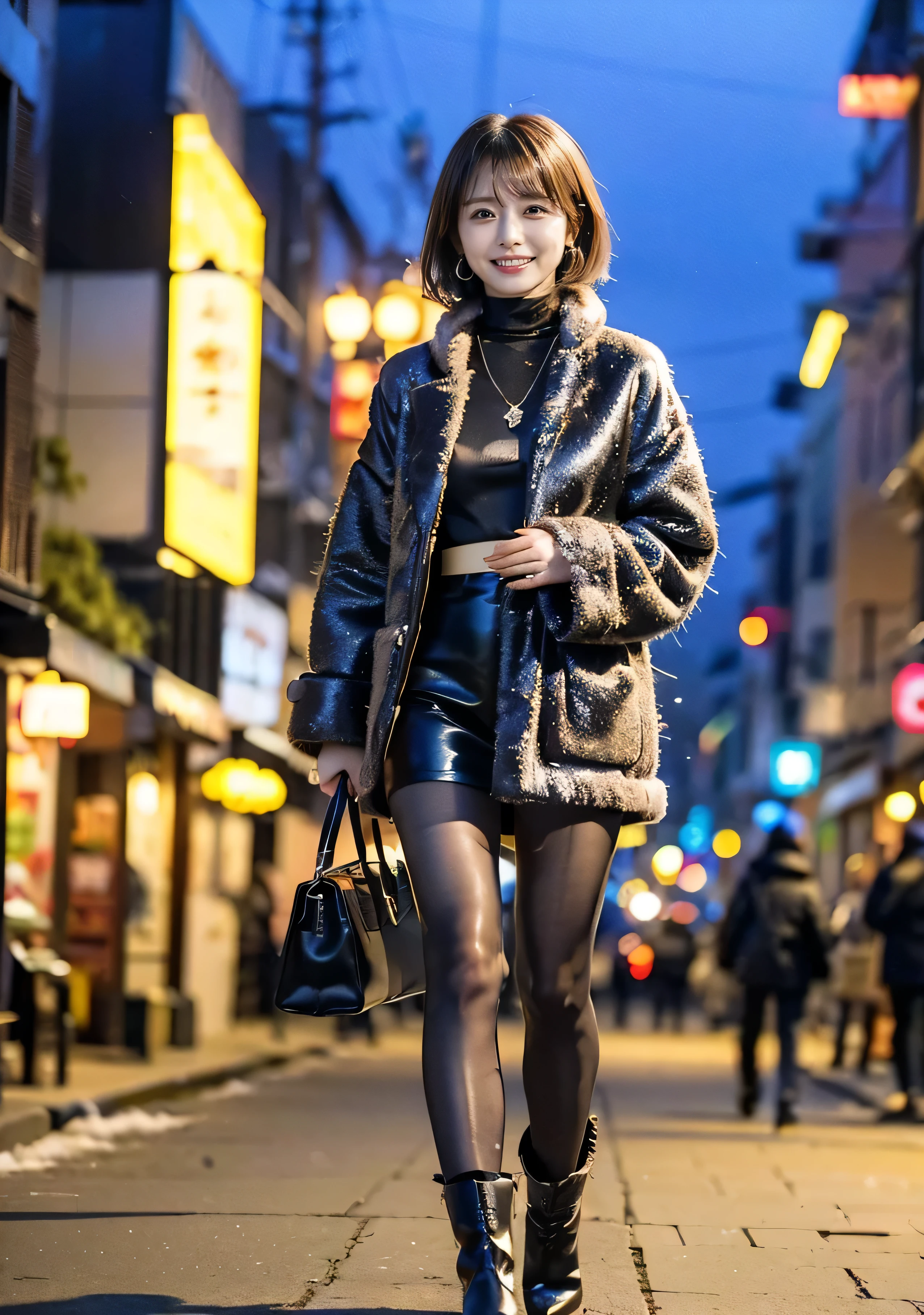 Outdoors in the city、Long eyelashes、Fur coat、Luxurious grey mink fur coat、Wearing leather boots、Luxury bags、Inner black turtleneck、Silver necklace and tiny silver earrings illionaire style:1.4））、Full body photo、smile、 Caustics、Highly detailed photos、Very beautiful woman 、Ample breasts、No makeup、(8k、RAW Photos、highest quality、masterpiece:1.2)、(Realistic、Realistic)、1 girl、((Medium Short Hair、Midwinter、Cold region Snow falling、The wind is blowing、Fluttering Hair、blur background、Colorful illuminations、Looking into the camera:1.4))、
