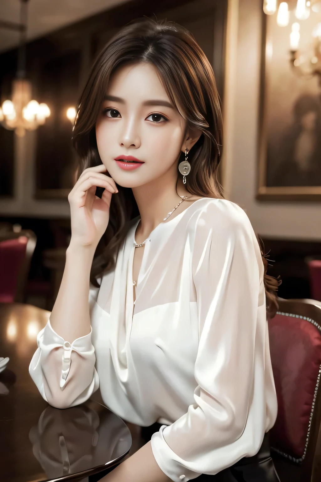 masterpiece, highest quality, Realistic, Very detailed, Finer details, High resolution, 8k wallpaper, One beautiful woman, Wear an elegant white see-through blouse, In a great restaurant, At night, Light brown messy hair, Perfect dynamic composition, Beautiful and beautiful eyes、Big earrings、Sitting in a chair、