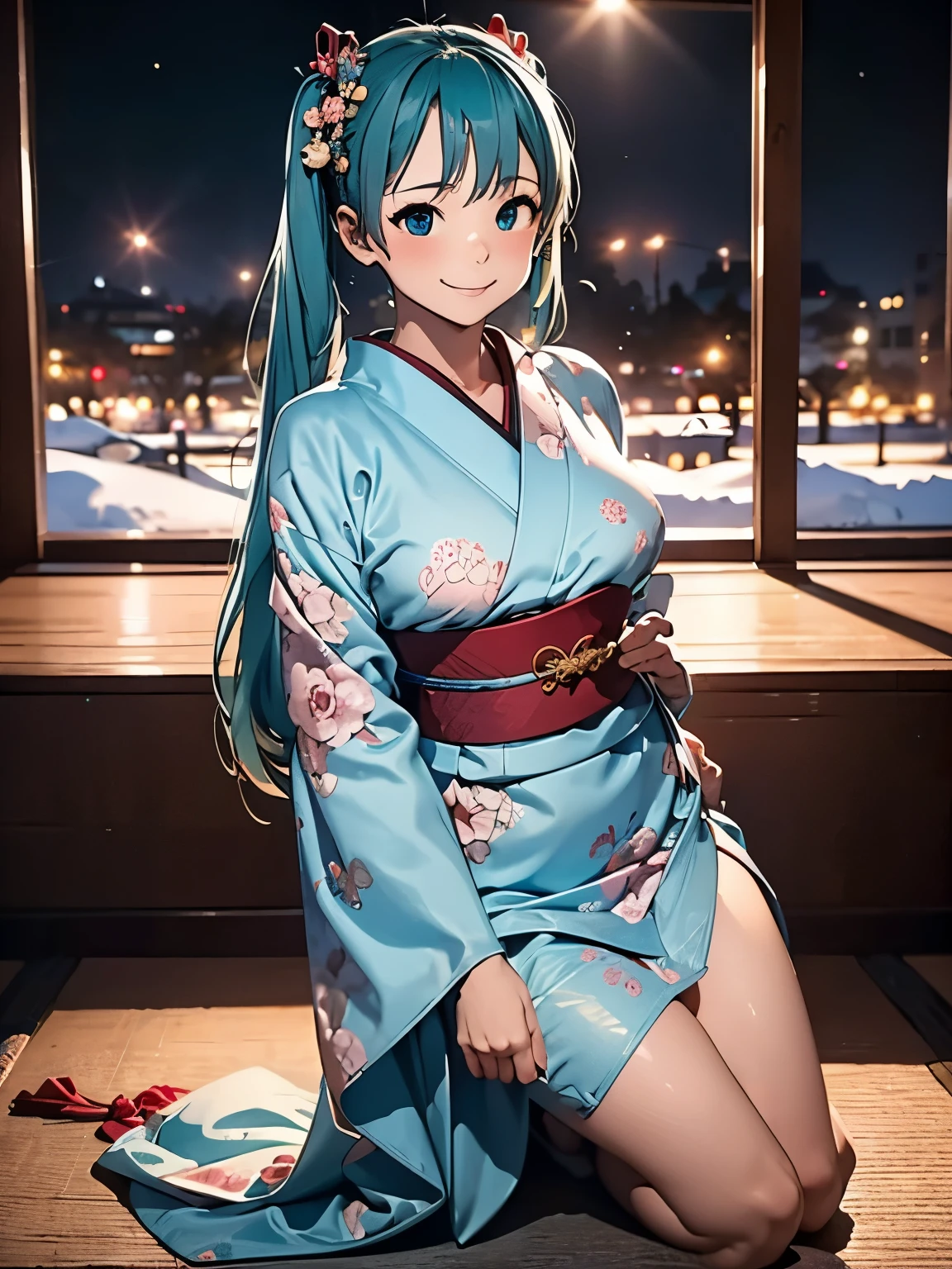 (masterpiece、highest quality、highest quality、Official Art、Beautiful and beautiful:1.2)、(One girl:1.3)Hatsune Miku、Twin tails,Beautiful breasts,winter new year event announcement poster, (highest quality,Realistic),alone,Beautiful Japanese Women,Traditional Kimono,Natural posture,優しいsmile,Impressive Gaze,Traditional hairstyle,Tatami room at dusk,Sit by the window,Illuminated by the city lights,(Attractive pose),Professional Photographer,Shallow depth of field,Backlight, Leaning forward, In a pose like sitting upright facing forward., Place your hands on the floor, Tilt your head and look up, smile, I want to thank all the viewers