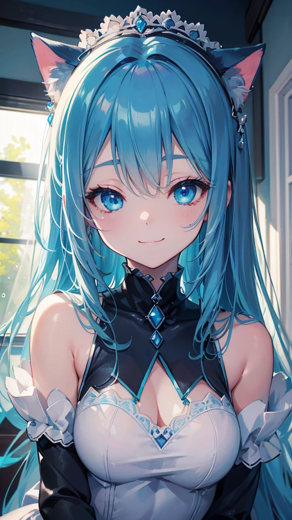 Depth of written boundary、Perfect lighting、Particles of light、(highest quality)、(masterpiece)、(Super detailed)、Sharp Focus、pack、:3、Aqua Eyes、Blue Eyes、Cat、smile、solo、tail、POV、Close-up、Upper Body、window、curtain、Bedroom、On all fours、One eye closed、Highest quality、Twilight