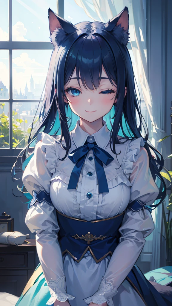 Depth of written boundary、Perfect lighting、Particles of light、(highest quality)、(masterpiece)、(Super detailed)、Sharp Focus、pack、:3、Aqua Eyes、Blue Eyes、Cat、smile、solo、tail、POV、Close-up、Upper Body、window、curtain、Bedroom、On all fours、One eye closed、Highest quality、Twilight