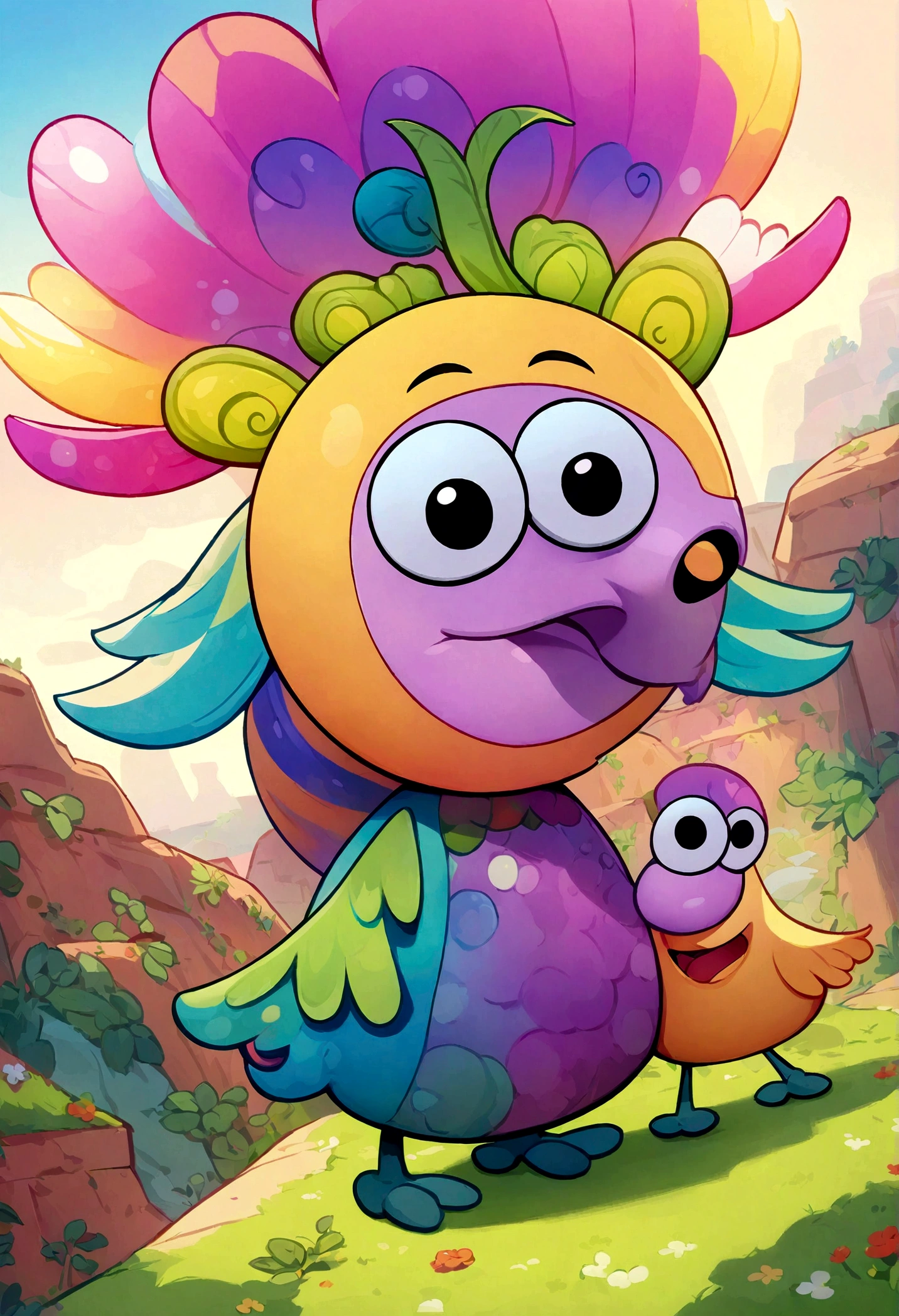 Funny cartoon fly with oversized googly eyes, colorful wings, and a mischievous smile, high detail, cartoon style, vibrant colors, whimsical, humorous, character design by Bobby Chiu and Nathan Jurevicius, 2D digital artwork, Pixar lighting, 4k resolution