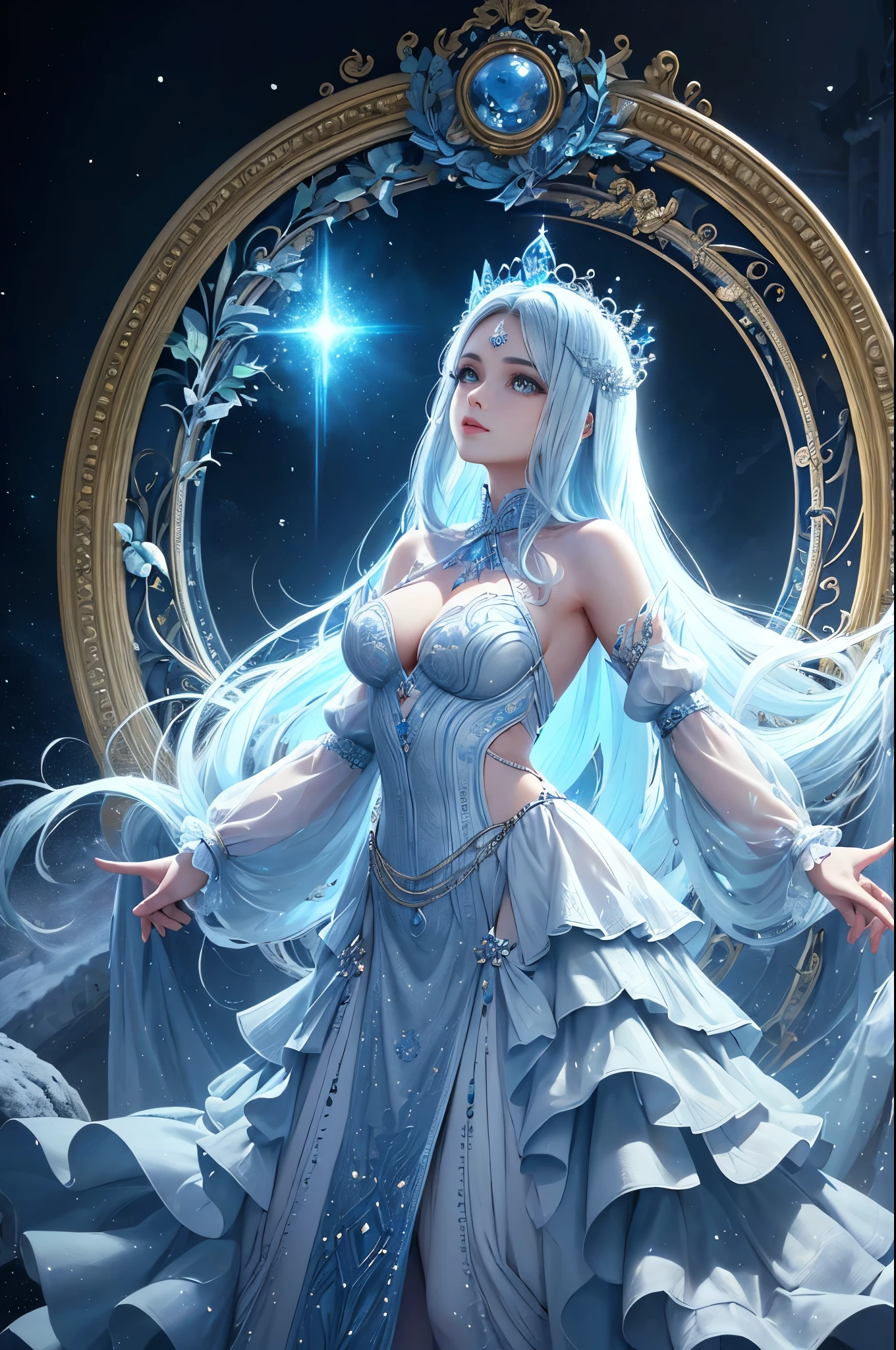 tom de platina、((obra-prima)))、(((maximum quality)))、((ultra-detalhado))、(Um hiper-realista)、(Highly detailed CG illustration)、light particle、areola、arte oficial、arte fractal、snow palace、Moscow at the beginning of the 20th century、nevasca、Full body luminescence、Rainha da neve、beleza legal、Mulher adulta na casa dos 40 anos、olhos finos、olhar afiado、olhos de safira、menegabilidade sofisticada、Beleza deslumbrante、Activation of nevasca magic that freezes everything、Vestido lindo、solo incrustado de diamantes、perfect angle、perfect composition、dynamic poses