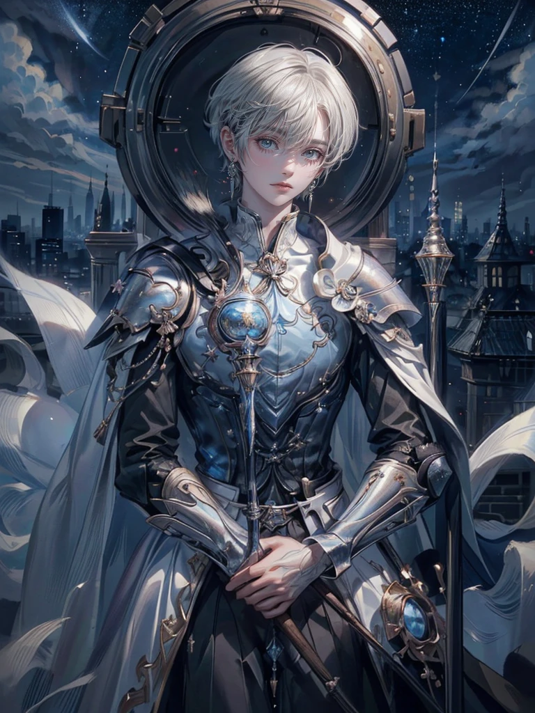 ((4K works))、masterpiece、(top-quality)、One beautiful boy、Slim body、tall、((Black Y-shirt and white pants、Charming British knight style))、Please wear one jacket、(Detailed beautiful eyes)、Fantastic Night City、((City under the stars))、Fantastic city at midnight、((Face similar to Carly Rae Jepsen))、((Short-haired white hair))、((Smaller face))、((Neutral face))、((Bright blue eyes))、((American adult male))、((Adult male 26 years old))、((Cool Men))、((Like a celebrity))、((Crying expression))、((sad look))、((Korean Makeup))、((elongated and sharp eyes))、((Happy dating))、((boyish))、((Upper body photography))、Professional Photos、((Shot alone))、((She is looking up at the sky under the roof))、((Shot from the side))、((Crying profile))、((Face crying in pain))、((He is looking upwards))、((His eyes are looking down))、((He stands next to the viewer))、((He who cries))、I'm crying on a stick.、Man crying while standing、Solitude、saddened、desolate、suffocating、heartbreaking、auw