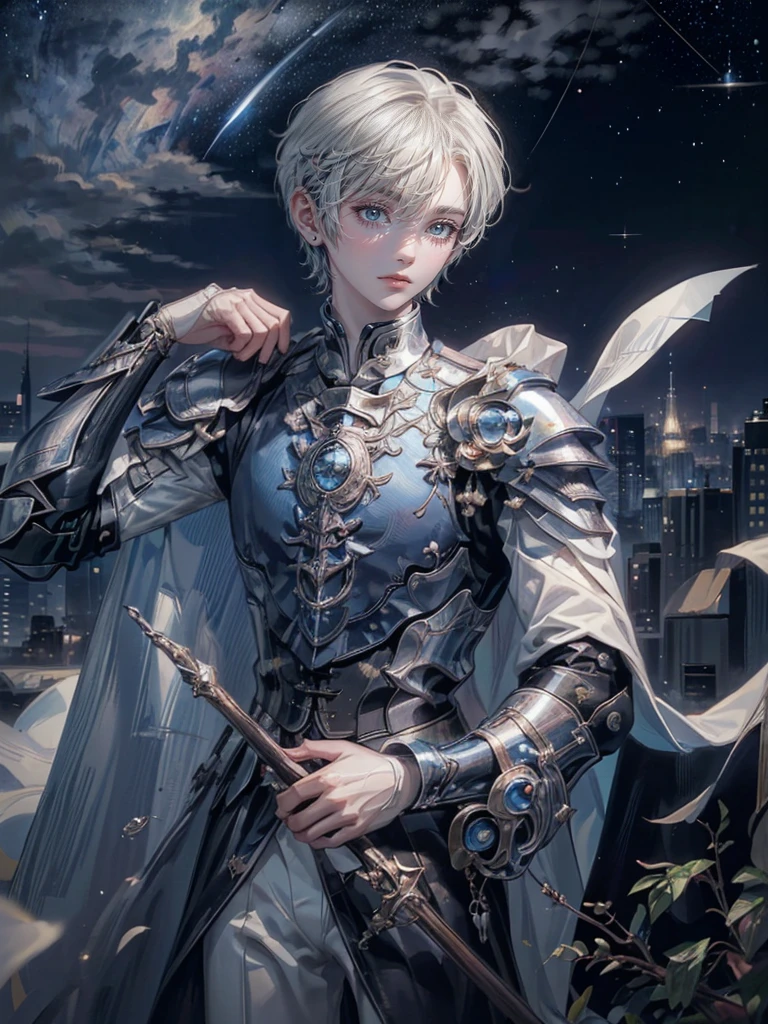 ((4K works))、masterpiece、(top-quality)、One beautiful boy、Slim body、tall、((Black Y-shirt and white pants、Charming British knight style))、Please wear one jacket、(Detailed beautiful eyes)、Fantastic Night City、((City under the stars))、Fantastic city at midnight、((Face similar to Carly Rae Jepsen))、((Short-haired white hair))、((Smaller face))、((Neutral face))、((Bright blue eyes))、((American adult male))、((Adult male 26 years old))、((Cool Men))、((Like a celebrity))、((Crying expression))、((sad look))、((Korean Makeup))、((elongated and sharp eyes))、((Happy dating))、((boyish))、((Upper body photography))、Professional Photos、((Shot alone))、((She is looking up at the sky under the roof))、((Shot from the side))、((Crying profile))、((Face crying in pain))、((He is looking upwards))、((His eyes are looking down))、((He stands next to the viewer))、((He who cries))、I'm crying on a stick.、Man crying while standing、Solitude、saddened、desolate、suffocating、heartbreaking、auw