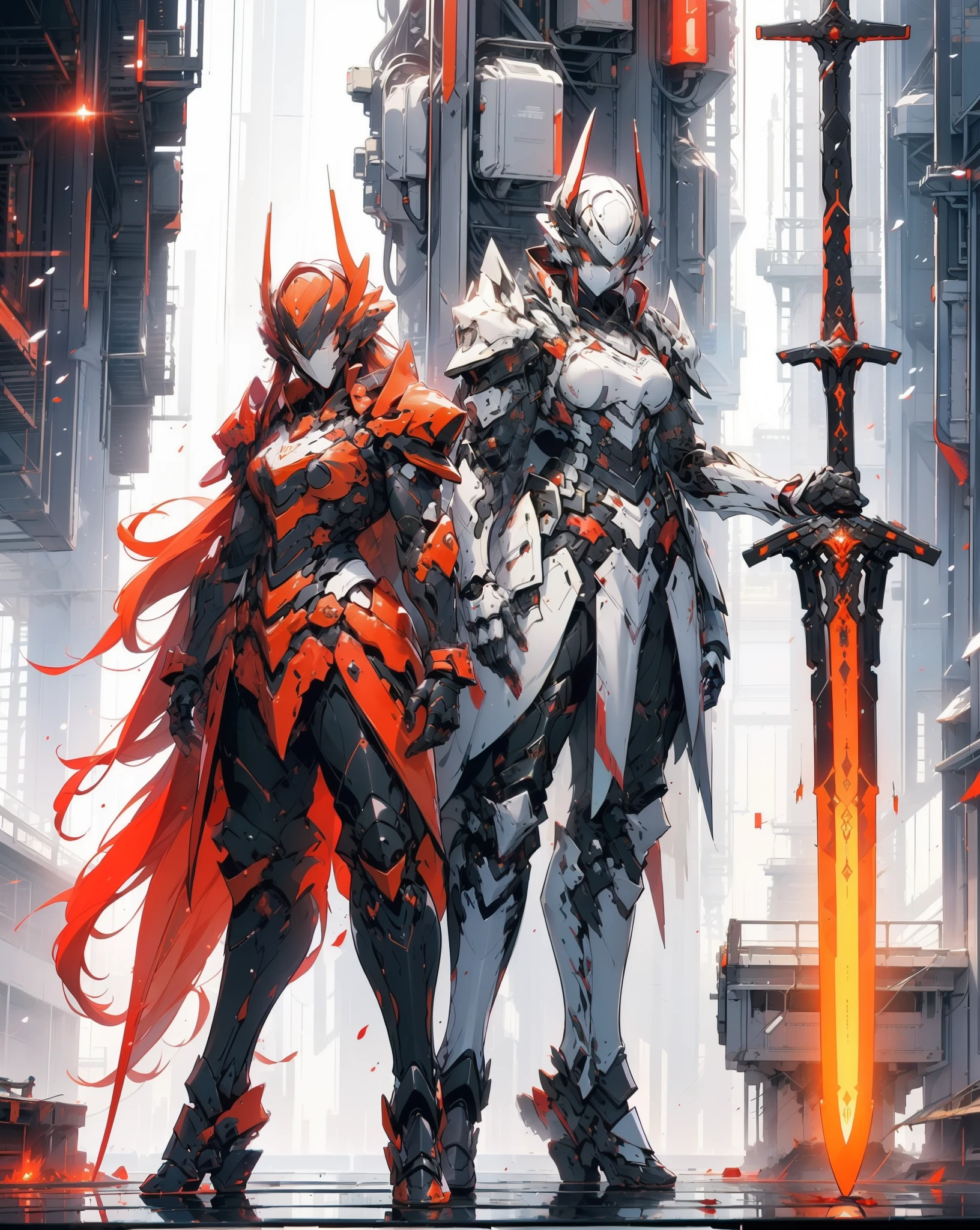 a woman with a sword and wings standing in front of a city, by Yang J, from arknights, detailed key anime art, red armor, trending on artstation pixiv, anime epic artwork, badass anime 8 k, [ trending on cgsociety ]!!, anime fantasy artwork, detailed anime artwork, blood red armor, white and red armor