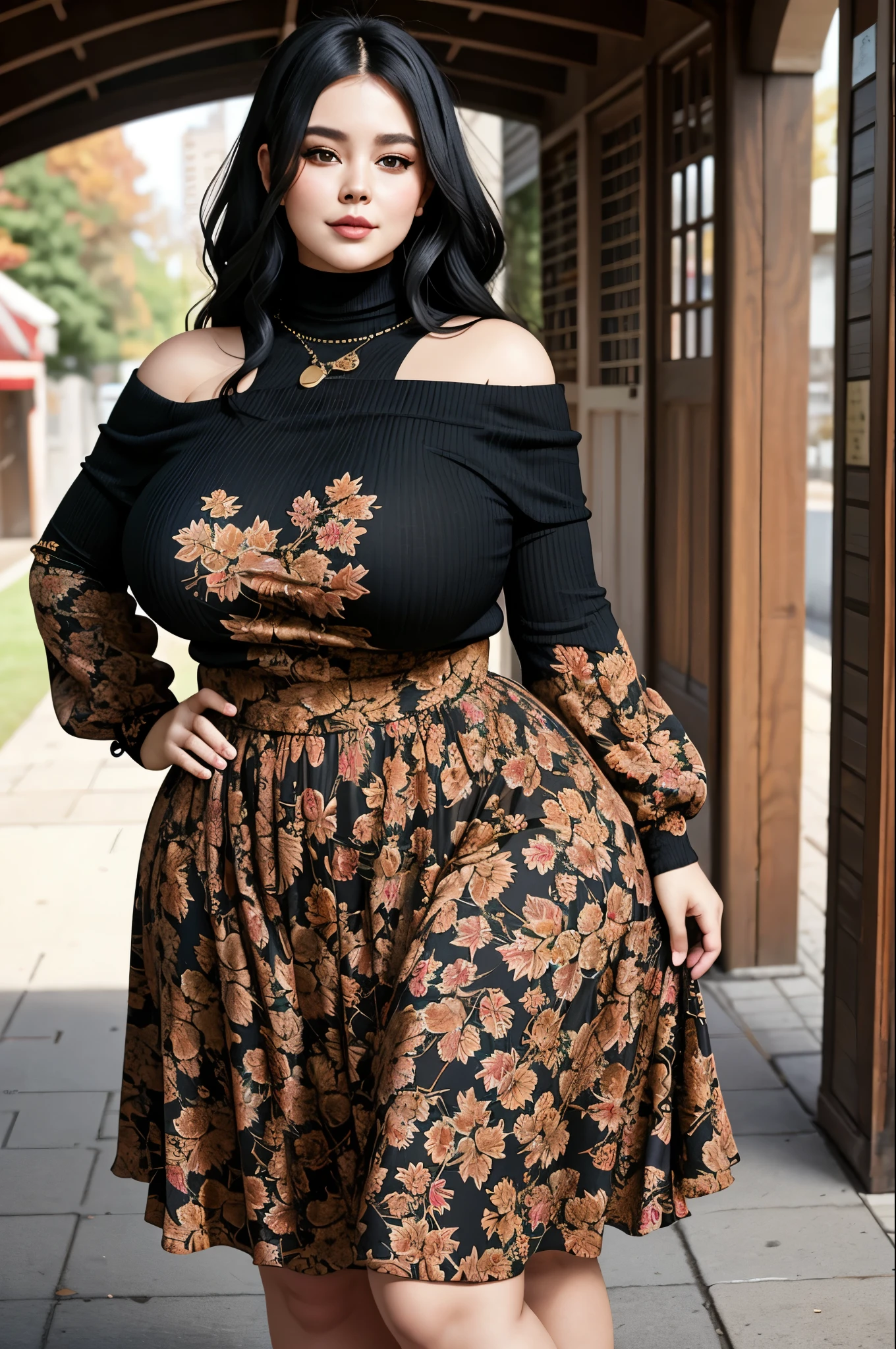 ((Masterpiece, best quality,edgQuality)), smug,smirk,
edgADC_fashion,
long dress, autumn leaves print,sandals,off shoulder turtleneck
,wearing edgADC
(big booty) (face here) Plus size bbw big , (wide booty)insanely inflated hips,Thick body ,fat body , curve shap body, widest hips , thick hips ,widest breast, thick breast