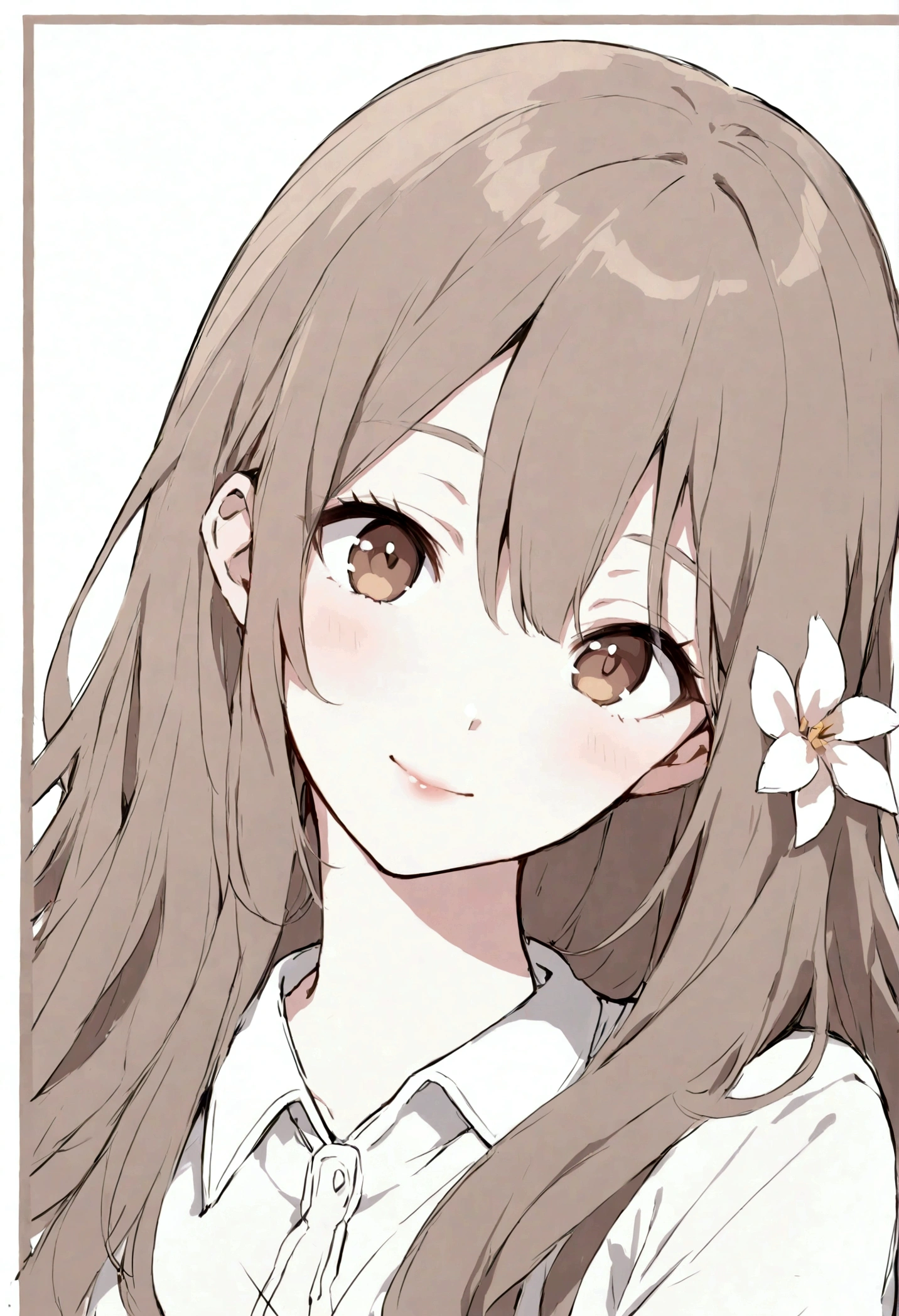 slender, mature female,1girl, solo, brown_hair, smile, long_hair, looking_at_viewer, brown_eyes, closed_mouth, bangs, bow, flower, hair_between_eyes, lips, blush, sketch, border, eyebrows_visible_through_hair, head_tilt