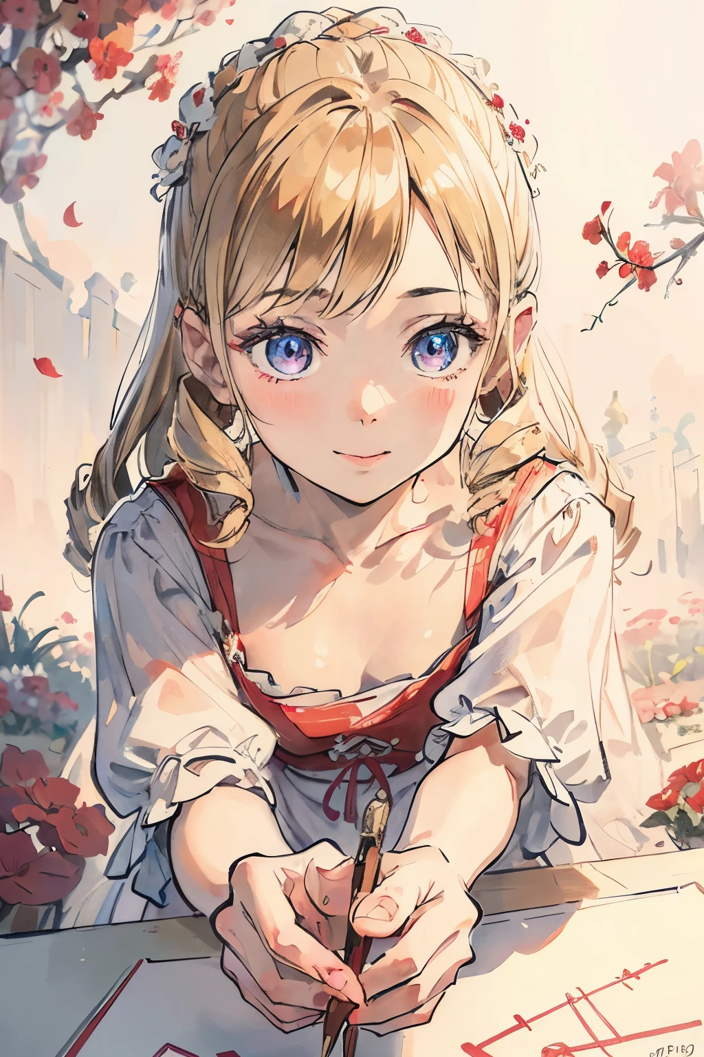 masterpiece, best quality, ultra-detailed, glistening shiny, glowing light, ray tracing, HDR, (perfect face, detailed face, detailed eyes), 8k,HD,ultra realistic face, ray tracing, perfect lighting, best quality, ultra-detailed, High resolution, 1girl, Full body, Description Girls, detail hands, Detail fingers, Detail Face, cute face, detail legs, overdetailed art, Fine details, blonde hair, twin drills hair, the girl is drawing a flower, canvas, smile, ((from behing)), red dress, ((white background)), flower garden