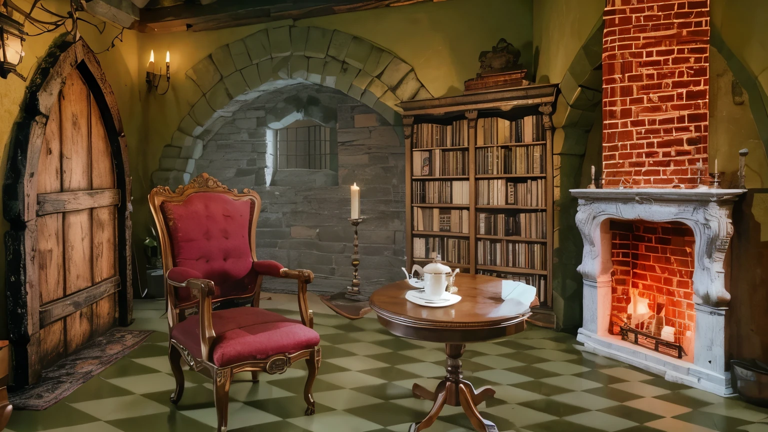 A cozy old castle room at night, wirh chess floor style, a classic castle fireplace aside, a center classic table with cup of tea, a confortable trone chair, a clastle door, a bookshelf, a candle , and other realistics 3d cozy ambient of a castle at night.