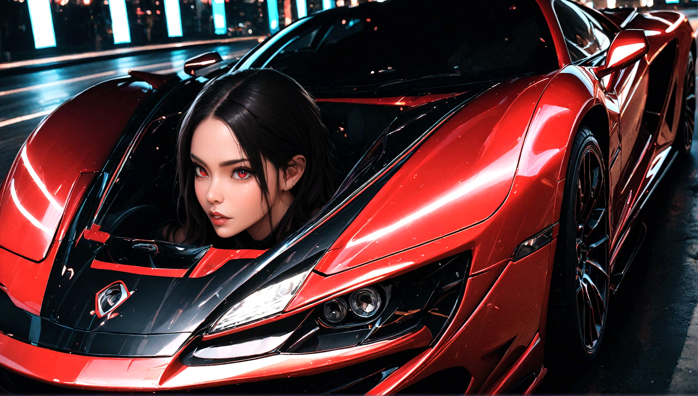 a sexy girl in tight fitting clothes with a black and red supercar, beautiful detailed eyes, beautiful detailed lips, extremely detailed eyes and face, long eyelashes, photorealistic, 8k, ultra-detailed, realistic, masterpiece, vibrant colors, dynamic lighting, glossy car paint, intricate details, dramatic composition, cinematic angle