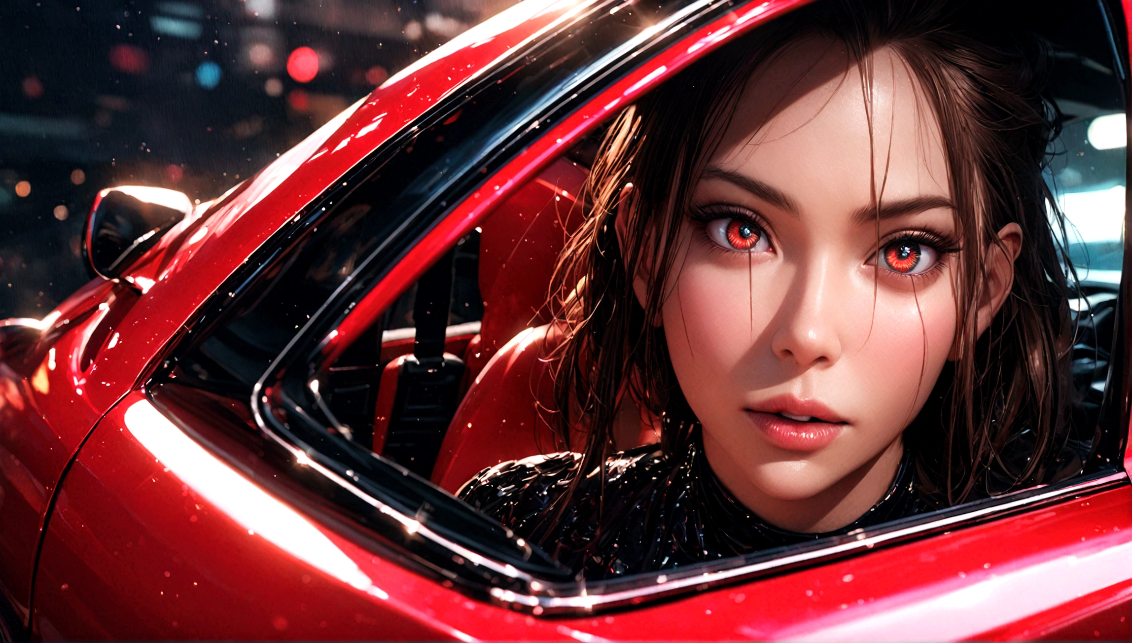 a sexy girl in tight fitting clothes with a black and red supercar, beautiful detailed eyes, beautiful detailed lips, extremely detailed eyes and face, long eyelashes, photorealistic, 8k, ultra-detailed, realistic, masterpiece, vibrant colors, dynamic lighting, glossy car paint, intricate details, dramatic composition, cinematic angle