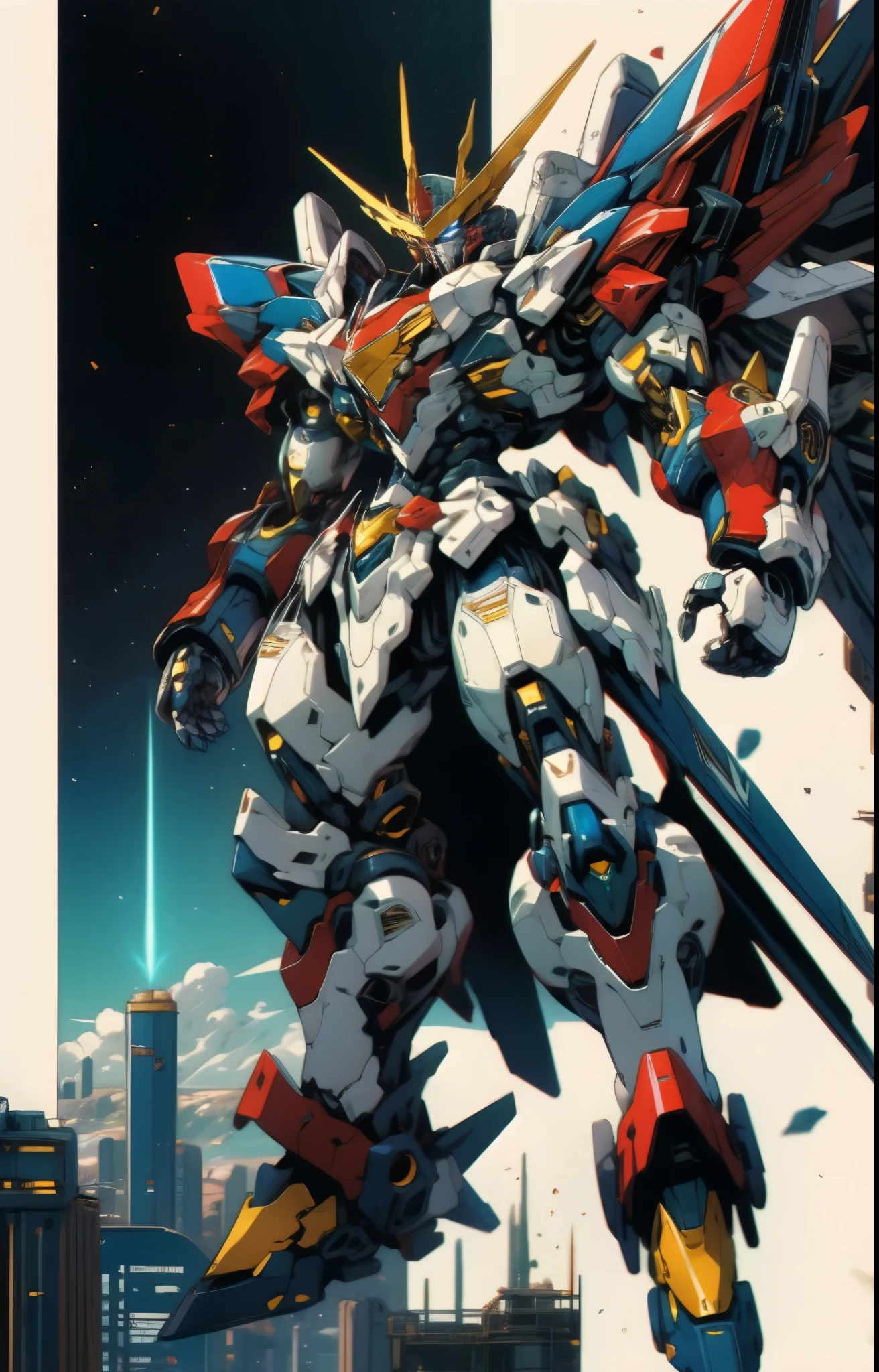 Humanoid Mecha, fully enclosed shoulder guards, matching arm and leg guards, full body, full armor, the design balances heavy with agility, (the color scheme is primarily white with red and blue accents, the concept Inspired by Super robot, organic biotech armor, standing, floating high above the futuristic sci-fi city), exquisite and mature art style, (aura effect, energy, glowing eyes, the armor glows), ((SRS)), metallic, dynamic, dramatic, high definition, best quality, highres, ultra-detailed, ultra-fine painting, extremely delicate, professional, perfect body proportions, anatomically correct, symmetrical face, extremely detailed eyes and face, high quality eyes, creativity, RAW photo, UHD, 32k, Natural light, cinematic lighting, masterpiece-anatomy-perfect, masterpiece:1.5