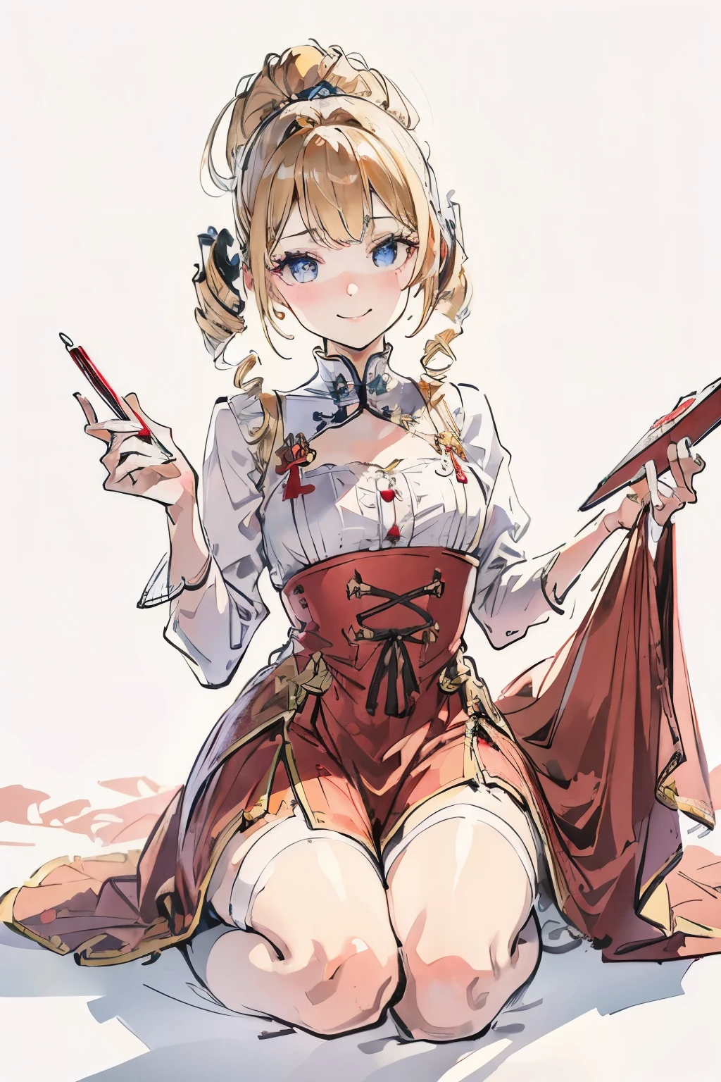 masterpiece, best quality, ultra-detailed, glistening shiny, glowing light, ray tracing, HDR, (perfect face, detailed face, detailed eyes), 8k,HD,ultra realistic face, ray tracing, perfect lighting, best quality, ultra-detailed, High resolution, 1girl, Full body, Description Girls, detail hands, Detail fingers, Detail Face, cute face, detail legs, overdetailed art, Fine details, blonde hair, twin drills hair, the girl is drawing a picture, canvas, smile, from behing, red dress, white background