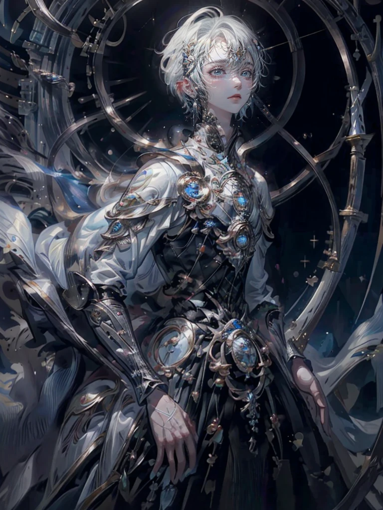 ((4K works))、masterpiece、(top-quality)、One beautiful boy、Slim body、tall、((Black Y-shirt and white pants、Charming British knight style))、Please wear one jacket、(Detailed beautiful eyes)、Fantastic Night City、((City under the stars))、Fantastic city at midnight、((Face similar to Carly Rae Jepsen))、((Short-haired white hair))、((Smaller face))、((Neutral face))、((Bright blue eyes))、((American adult male))、((Adult male 26 years old))、((Cool Men))、((Like a celebrity))、((Crying expression))、((sad look))、((Korean Makeup))、((elongated and sharp eyes))、((Happy dating))、((boyish))、((Upper body photography))、Professional Photos、((Shot alone))、((She is looking up at the sky under the roof))、((Shot from the side))、((Crying profile))、((Face crying in pain))、((He is looking upwards))、((His eyes are looking down))、((He stands next to the viewer))、((He who cries))、I'm crying on a stick.、Man crying while standing、Solitude、saddened、desolate、suffocating、heartbreaking、auw