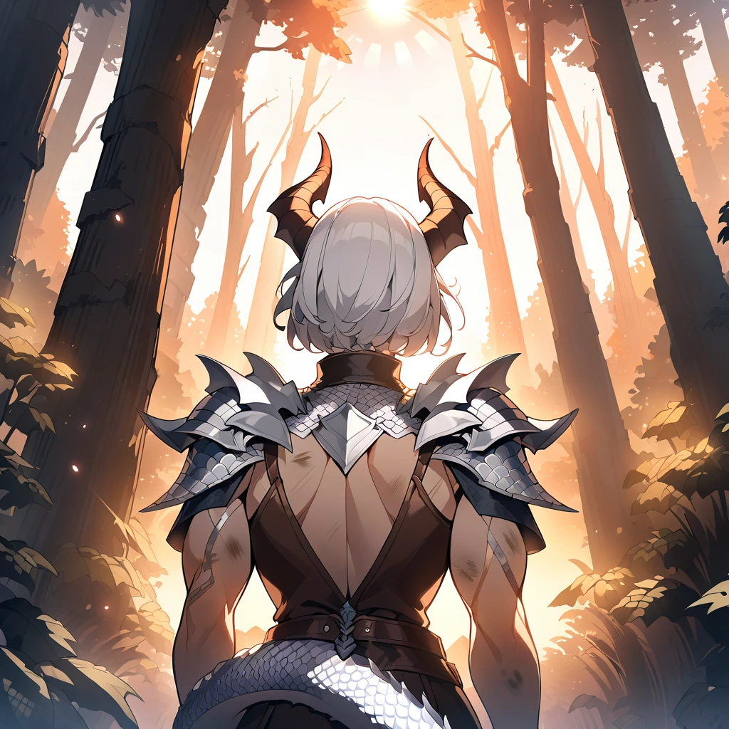 {{upper body, dutch angle}} {{Artist: megateru}} 1girl, female, mature, muscular, silver hair, short hair, dirty cloak, leather vest, silver eyes, horns, silver dragon tail, silver scales skin on neck and shoulders; outdoors, forest, sun setting, standing, hands behind back, pov, medieval fantasy.