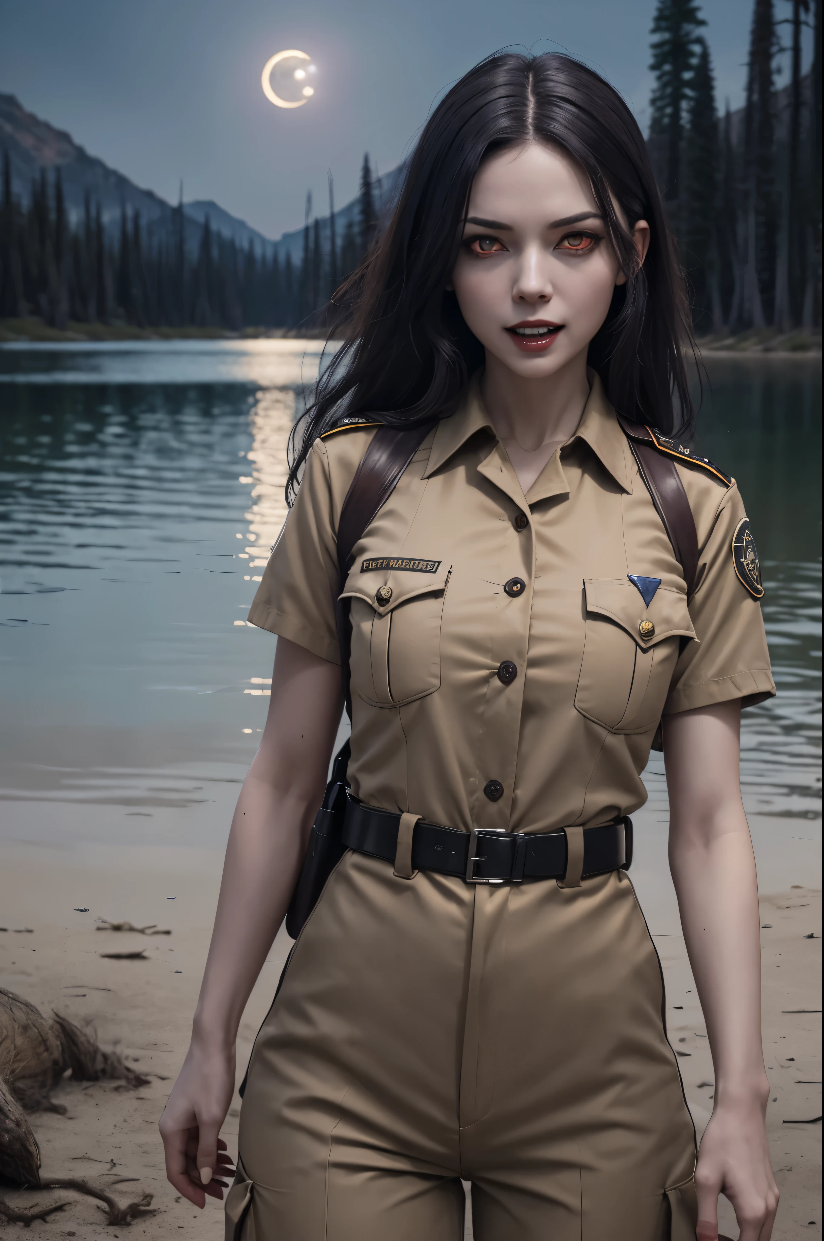 (((night, moonlight))) ((a deserted lake)) Vampire woman, (((red eyes and fangs))), pale skin, (((park ranger uniform, beige National Park uniform, short sleeves)))), sexy, (open mouth, blood on mouth), (evil grin), looking at viewer, ((full figure)), (standing in lake), sopping wet, style of a painted book illustration, blues and purples, dramatic lighting, ((depth of field)), ((masterpiece)), ((best quality)), ((highly detailed)), horror theme