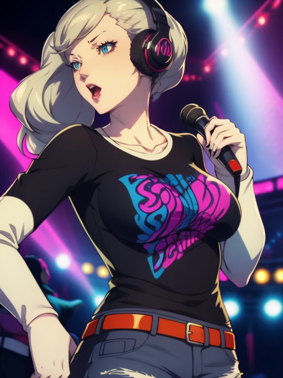 Ann Takamaki,earrings ,lipstick, eye shadow, makeup, 1girl, solo, black t-shirt, white shirt, blue jeans, belt, lipstick, large breasts, layered sleeves, sexy pose, holding a micrphone, singing, stage background, headphones